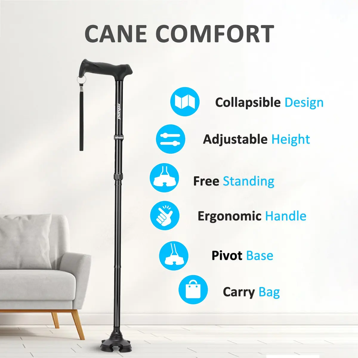 rehand Walking Cane for Men & Women - Foldable, Adjustable, Lightweight, Self Standing Pivot Cane, Soft Handle Grip, with Travel Bag (Black) - view 2