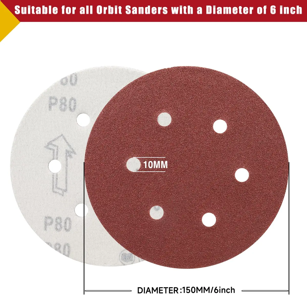 POTUINOM 6 Inch Sanding Discs 150 Grit 100PCS | Aluminum Oxide Hook & Loop for Orbital Sanders - view 2