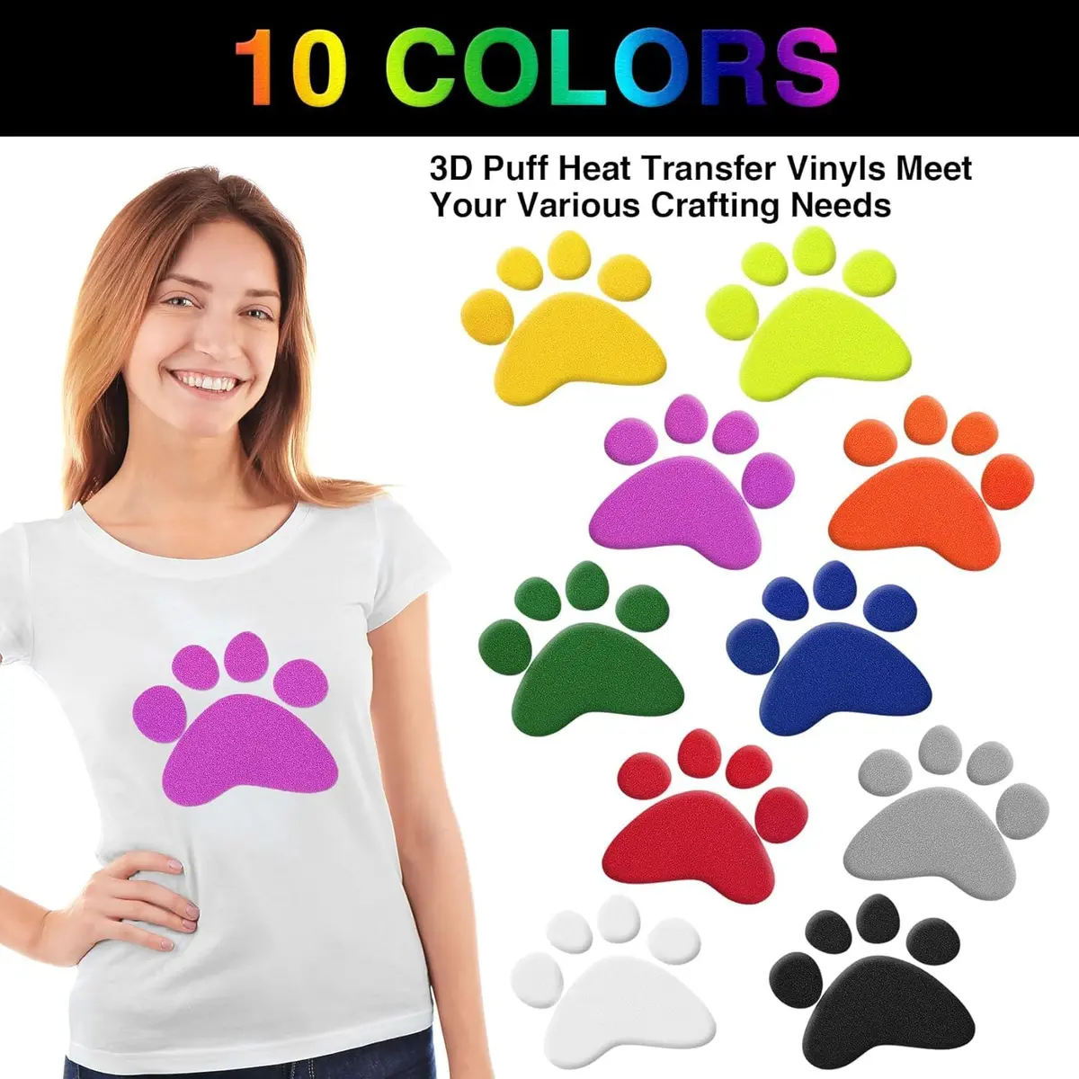 TORC 3D Puff HTV Heat Transfer Vinyl 12" x 10" (30.5cm x 25.4cm) 10-Sheet Pack | Assorted Colors for DIY Apparel - view 4