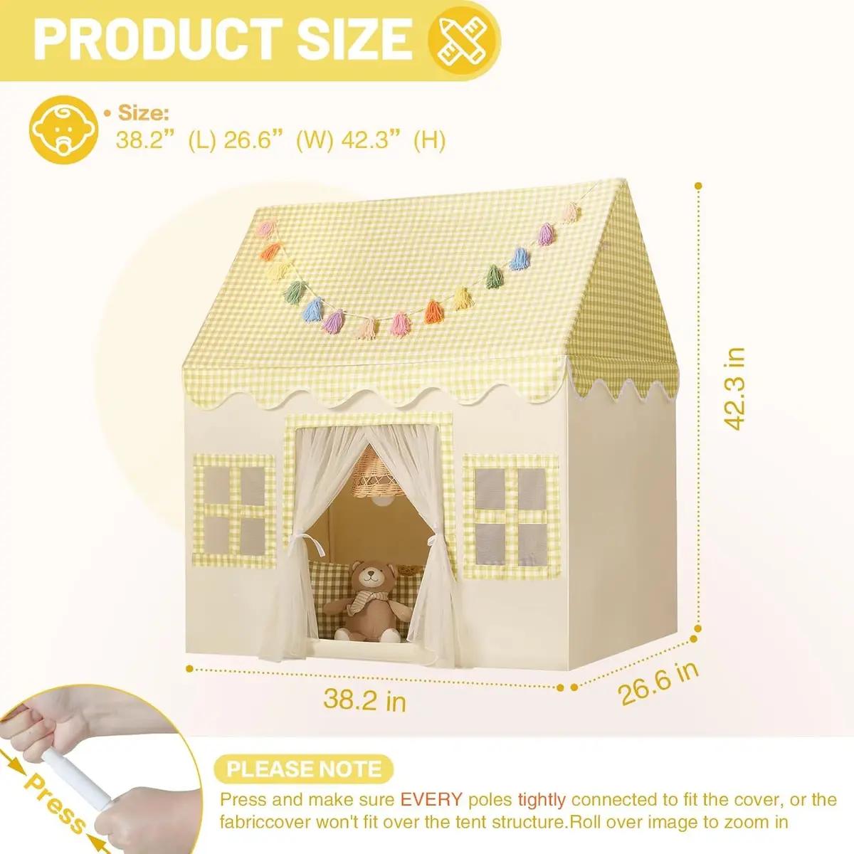 Senodeer Kids Play Tent Indoor: Yellow Checkered Collapsible Playhouse for Girls & Boys | Fun & Safe (70-120 chars) - view 5