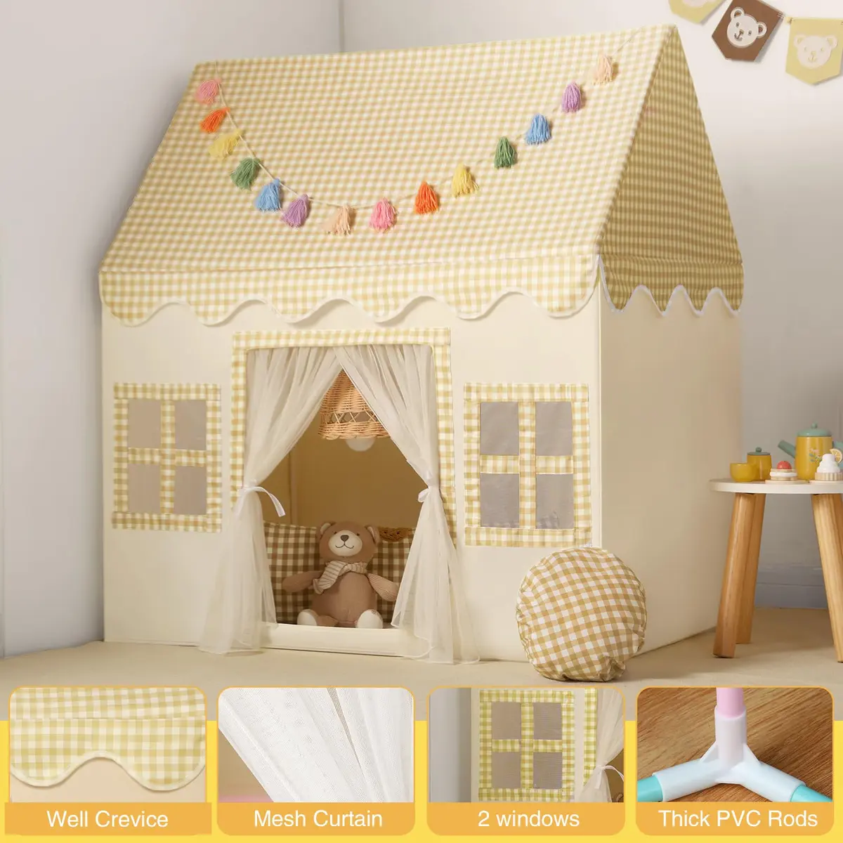 Senodeer Kids Play Tent Indoor: Yellow Checkered Collapsible Playhouse for Girls & Boys | Fun & Safe (70-120 chars) - view 6