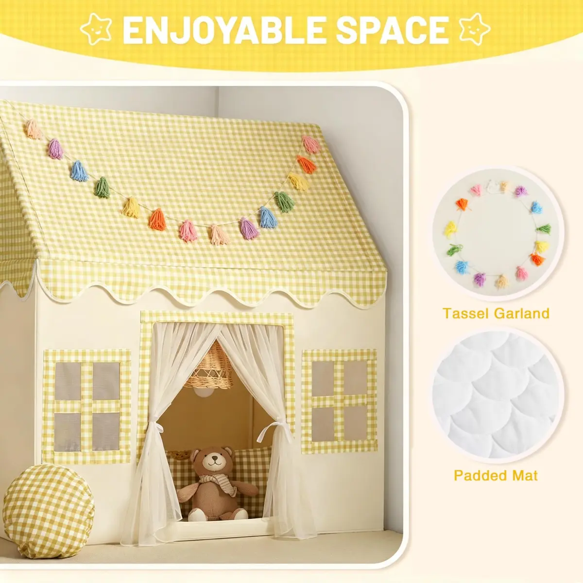 Senodeer Kids Play Tent Indoor: Yellow Checkered Collapsible Playhouse for Girls & Boys | Fun & Safe (70-120 chars) - view 2