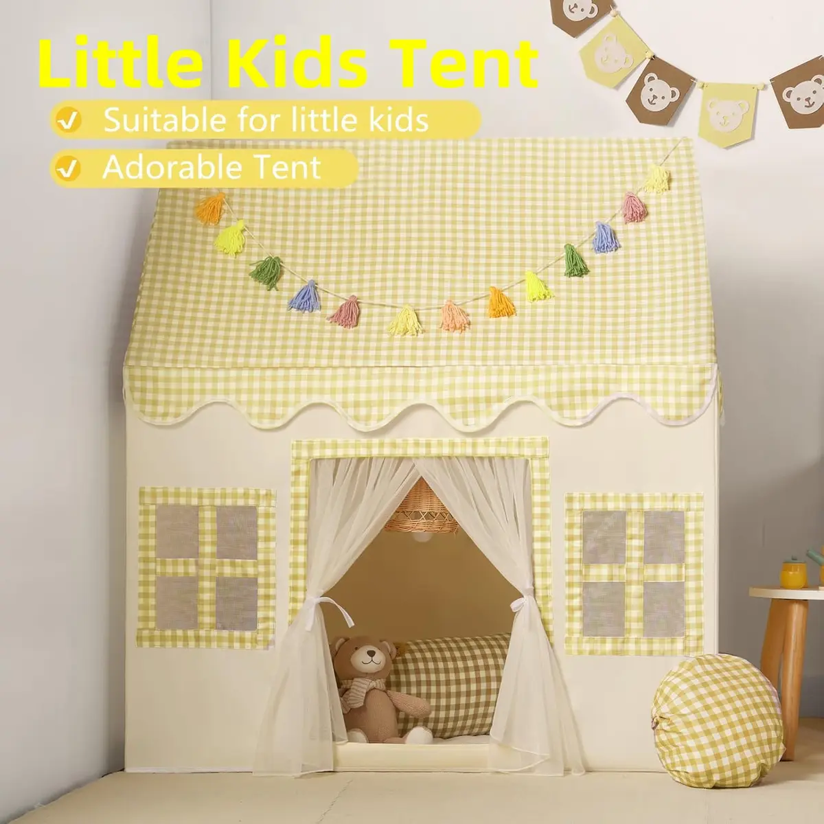 Senodeer Kids Play Tent Indoor: Yellow Checkered Collapsible Playhouse for Girls & Boys | Fun & Safe (70-120 chars) - view 3