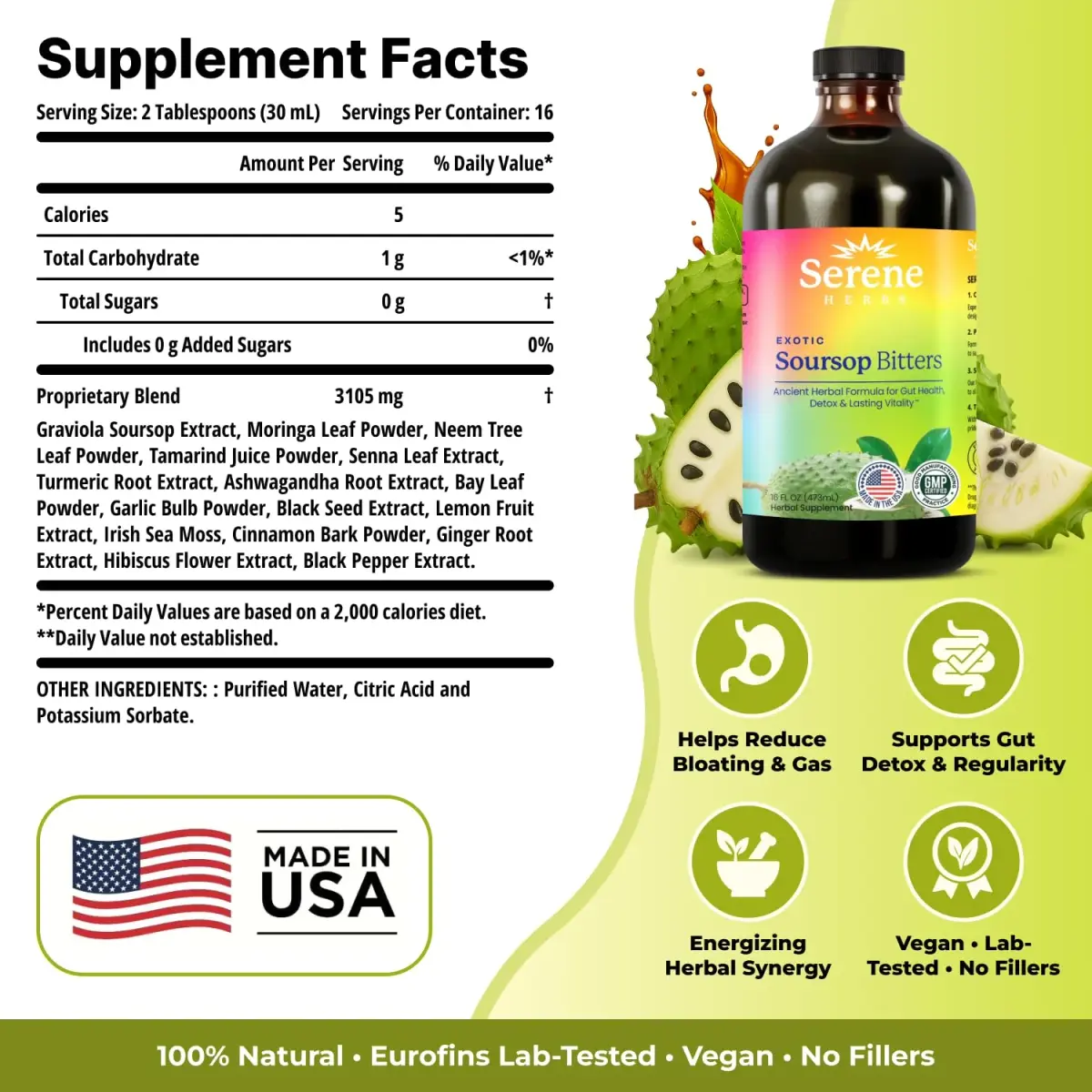 Serene Herbs Soursop Bitters Liquid 473ml (16 Fl Oz) | Gut Cleanse & Detox - view 3