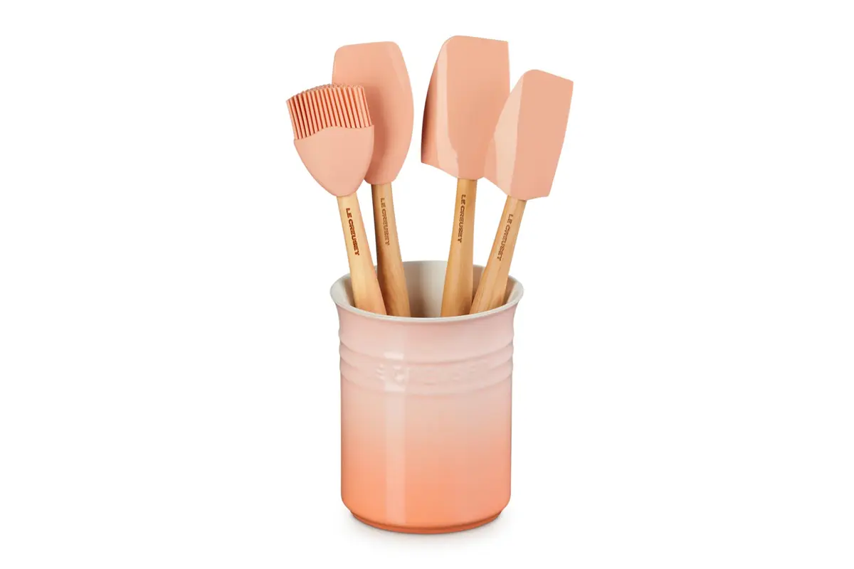 Le Creuset Stoneware & Silicone 5pc. Utensil Crock Set with 3 Silicone Utensils, Peche - main product image