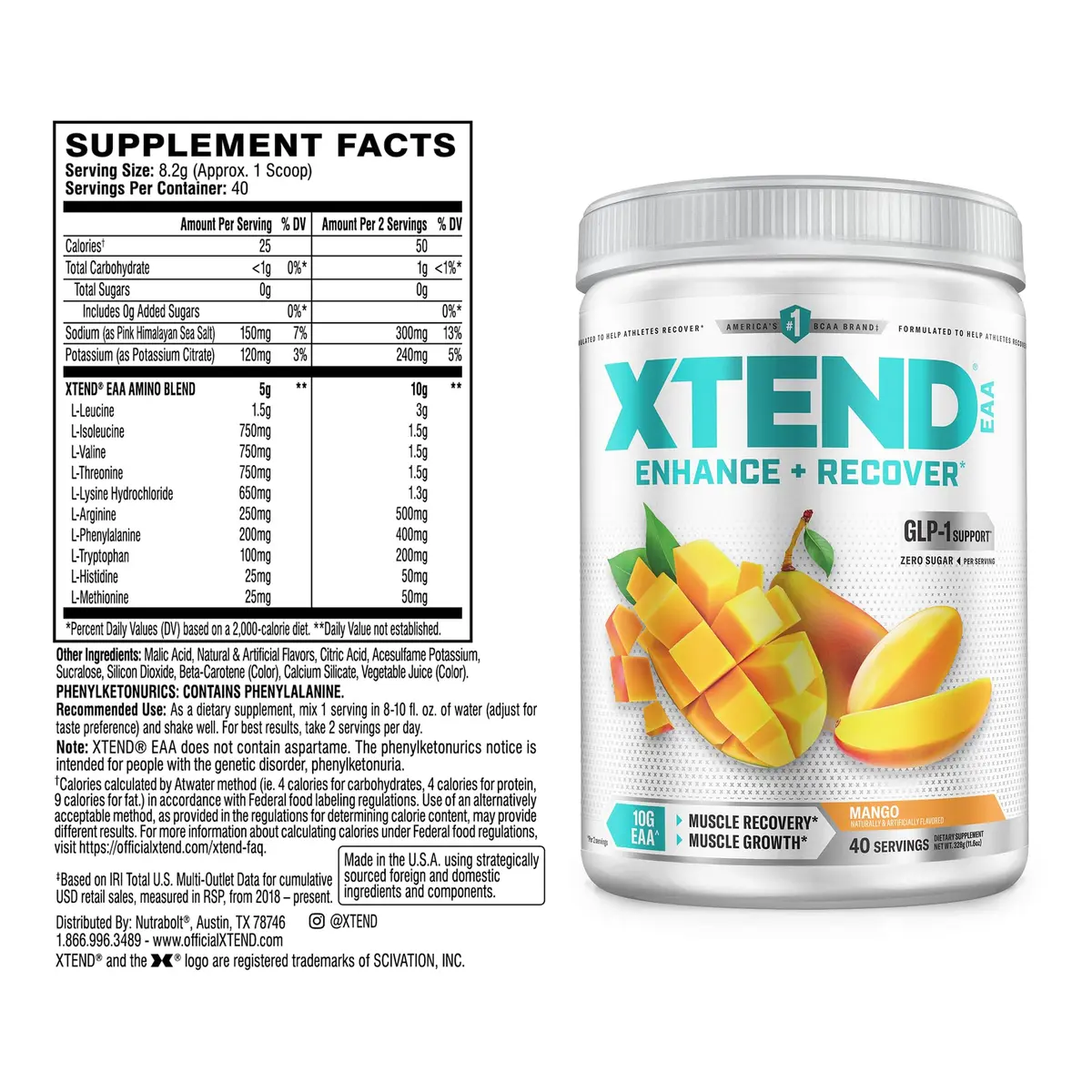 Xtend EAA + BCAA Powder with 10g EAAs, Mango, 11.6 Ounce | Sugar-Free Muscle Recovery & Growth - view 2