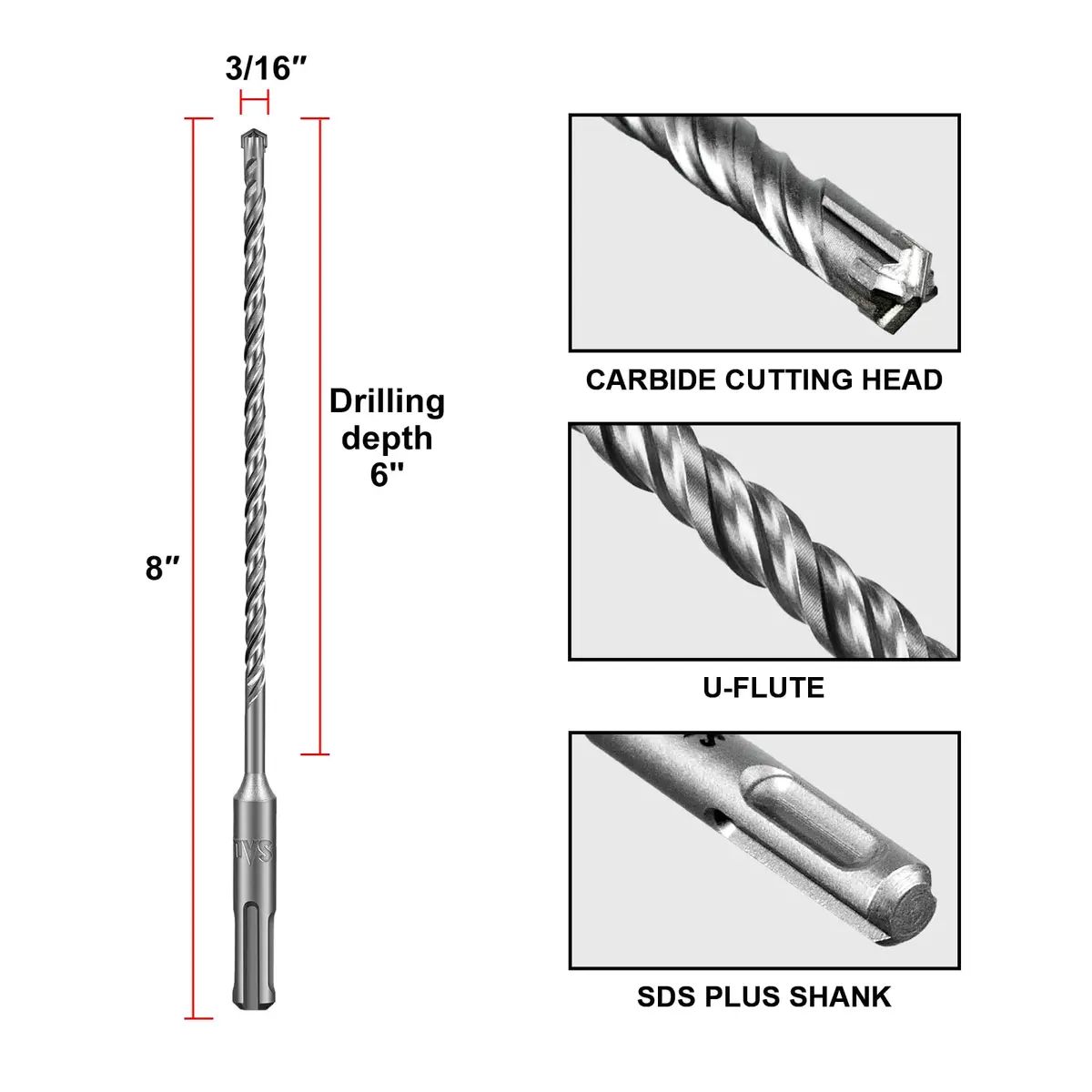 SALI SDS Plus Rotary Hammer Drill Bit Set 10 Pcs 3/16"*8" | 4-Cutter Carbide for Concrete & Brick - view 2