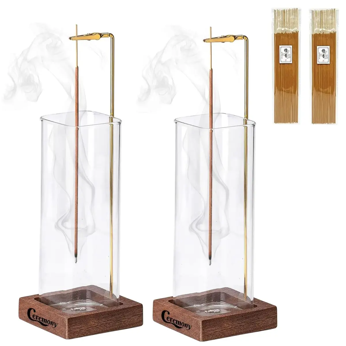 CEREMONY 2 Pack Wood Incense Holder with Glass Ash Catcher & Brass Rod | 17.2 cm (6.8 in) Tall - main product image