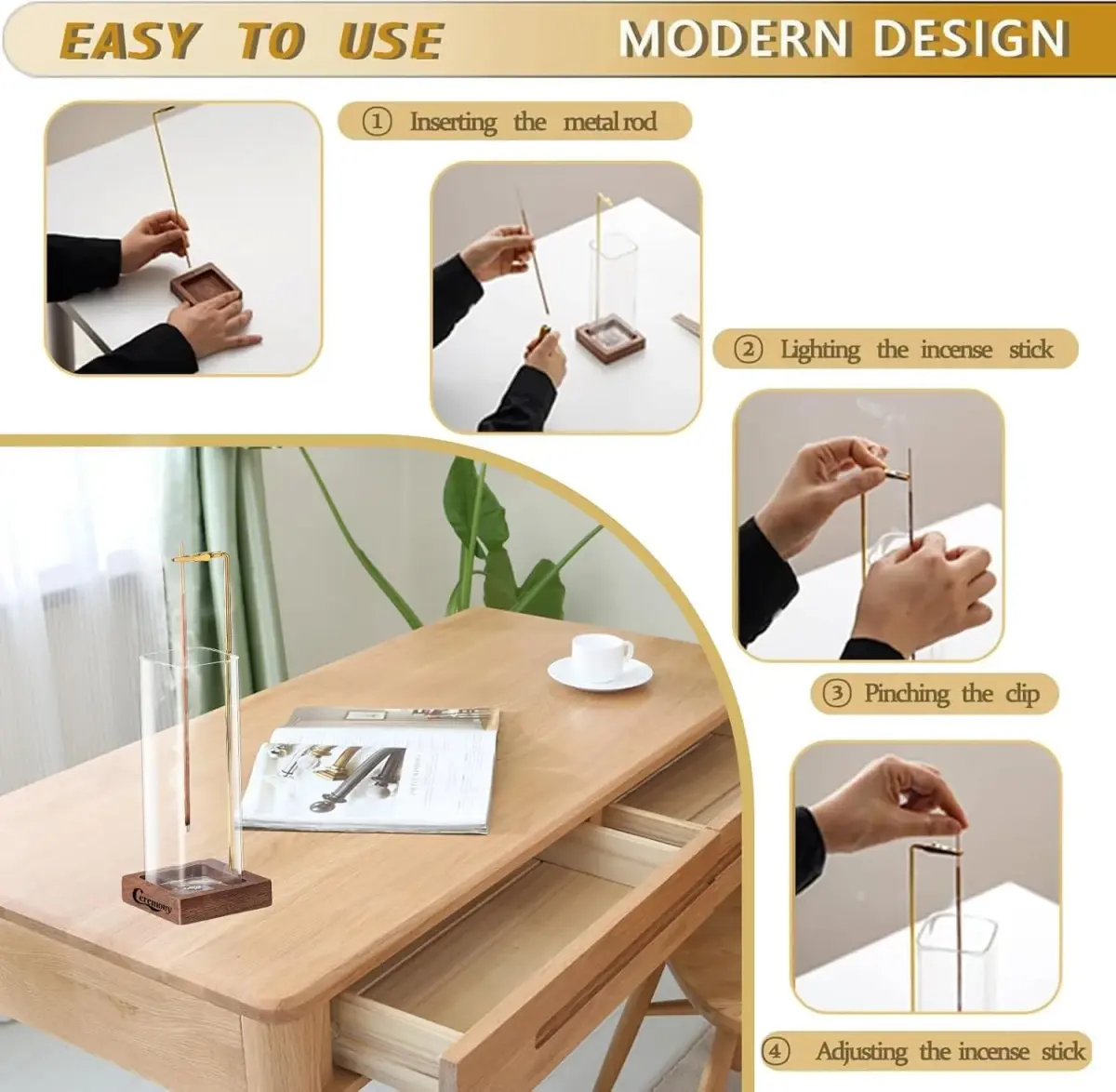 CEREMONY 2 Pack Wood Incense Holder with Glass Ash Catcher & Brass Rod | 17.2 cm (6.8 in) Tall - view 4