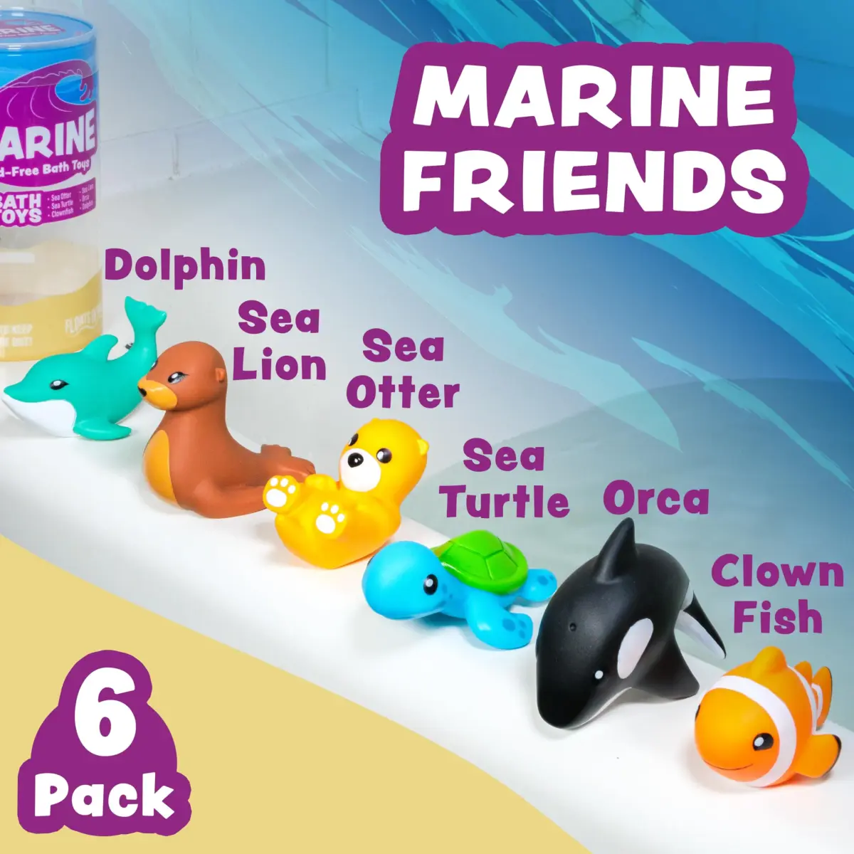 Tub Works Marine Mold Free Bath Toys 6 Pack | Sealed, No Hole Design Keeps Moisture Out | Soft, Squeezable & Float on Water | Easy-Grip Baby & Toddler Bath Toy Set - view 3