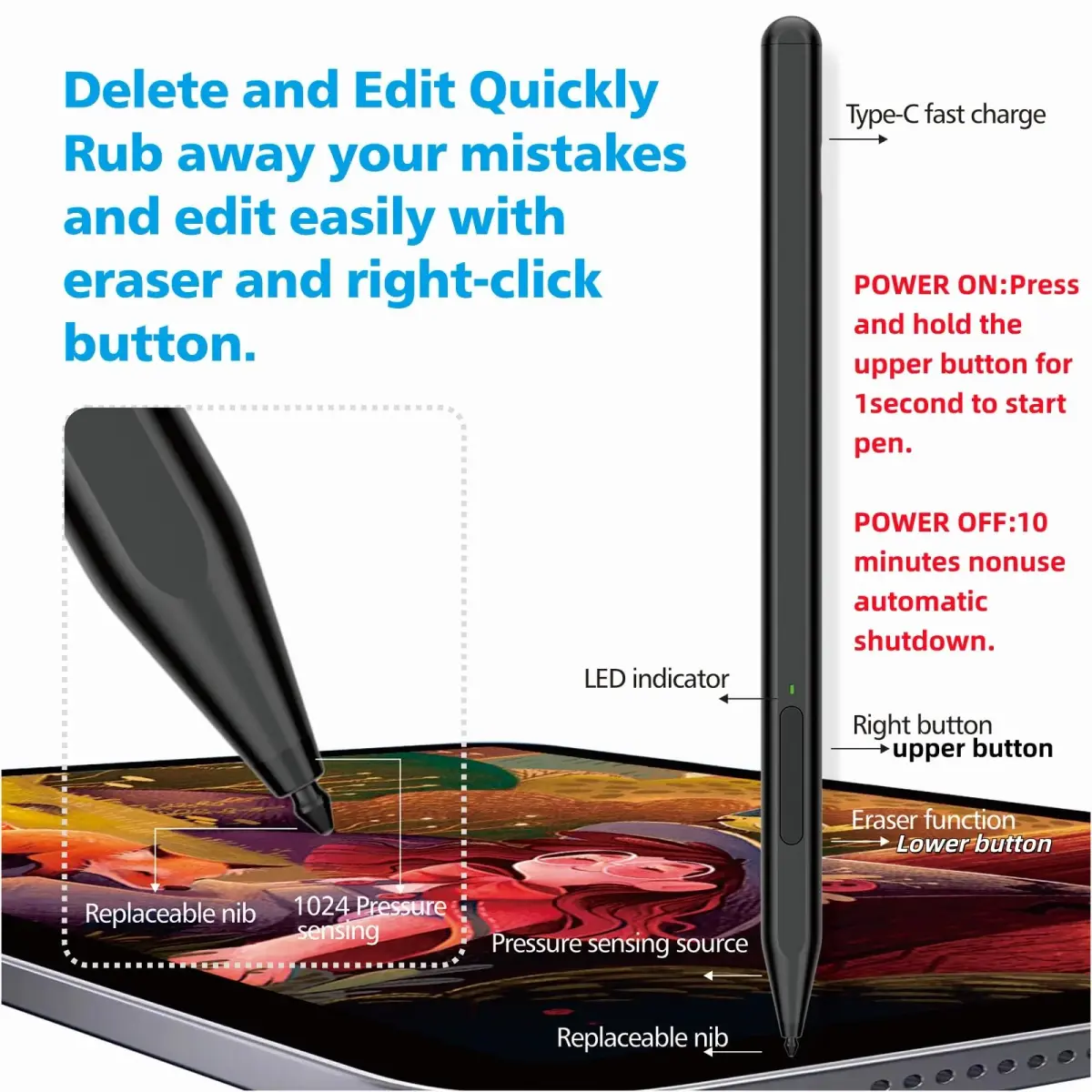 Milikilo Stylus Pen for Microsoft Surface Pro 11/10/9/8/X/7+/6/5/4, Go 4/3/2/1, Laptop 1-5, Studio 2 with Eraser & Tilt Function | 1024 Pressure Sensitivity - view 5
