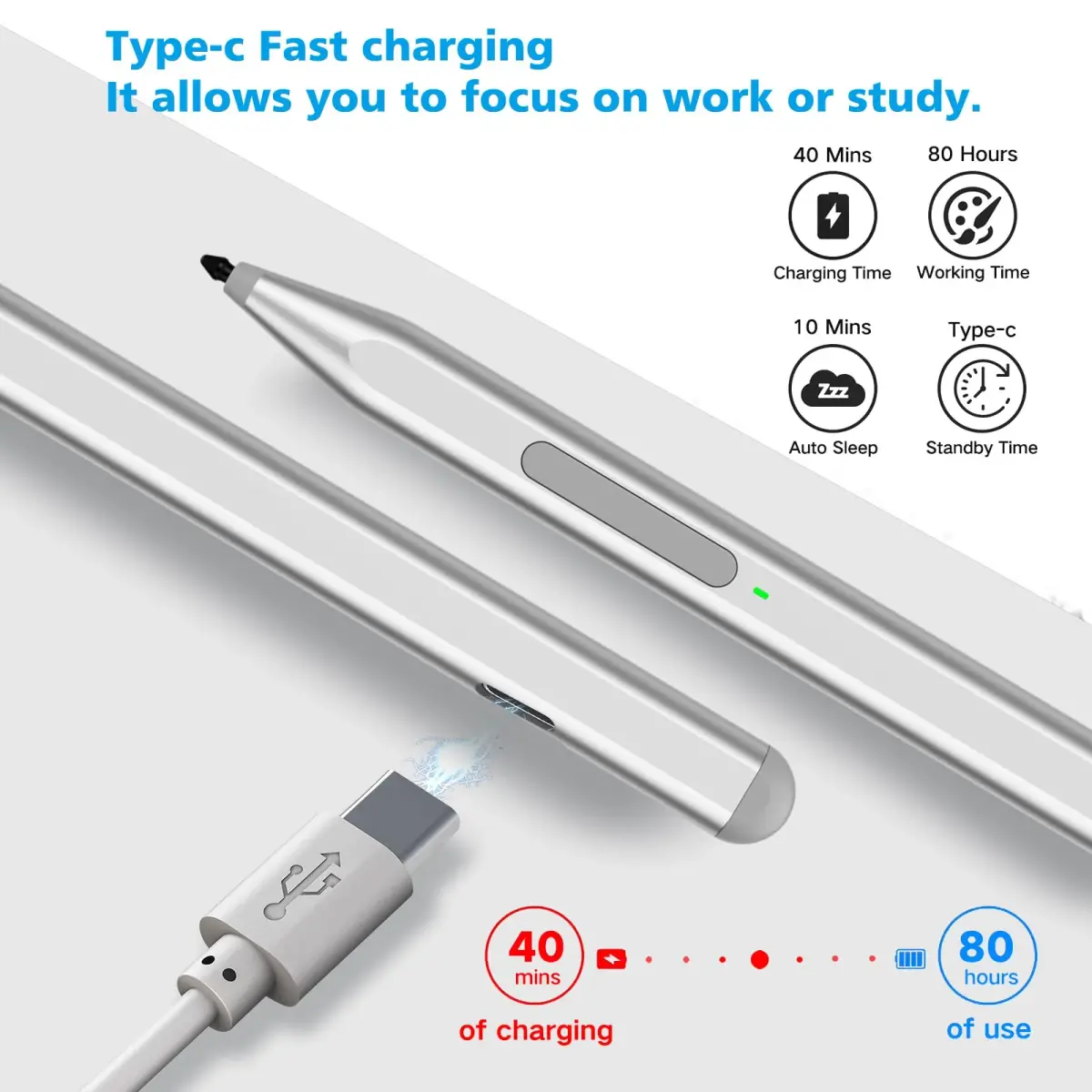 Milikilo Stylus Pen for Microsoft Surface Pro, Go, Laptop, Studio, Book with Eraser, Palm Rejection, Tilt Function, 1024 Pressure | Silver - view 4