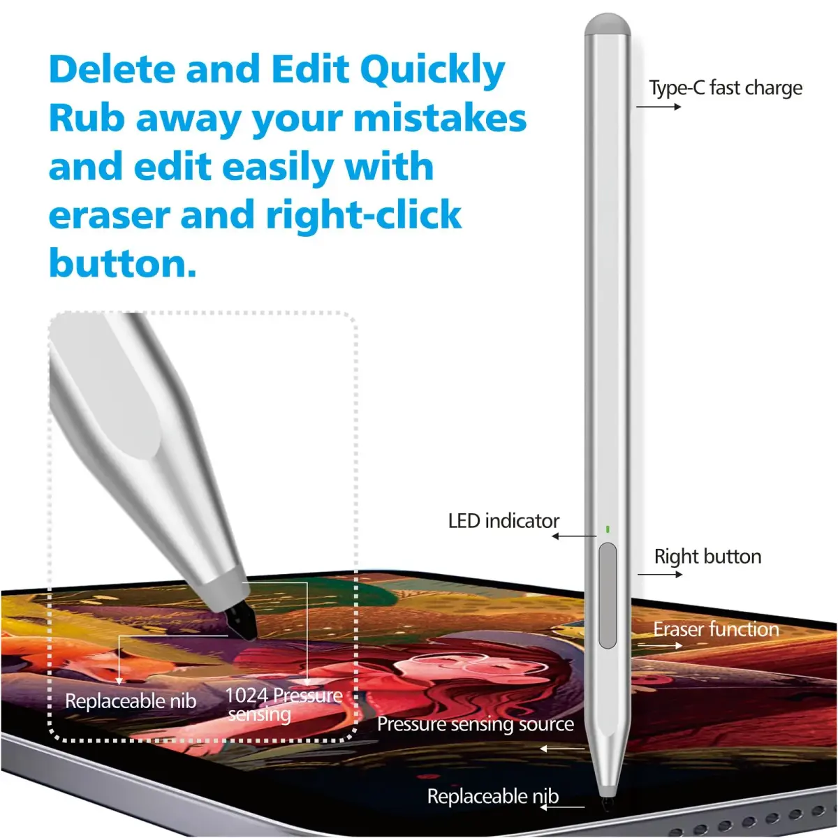 Milikilo Stylus Pen for Microsoft Surface Pro, Go, Laptop, Studio, Book with Eraser, Palm Rejection, Tilt Function, 1024 Pressure | Silver - view 5