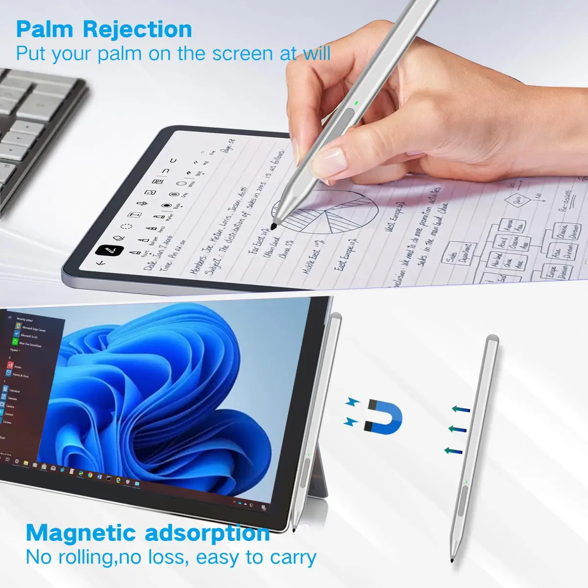 Milikilo Stylus Pen for Microsoft Surface Pro, Go, Laptop, Studio, Book with Eraser, Palm Rejection, Tilt Function, 1024 Pressure | Silver - view 6