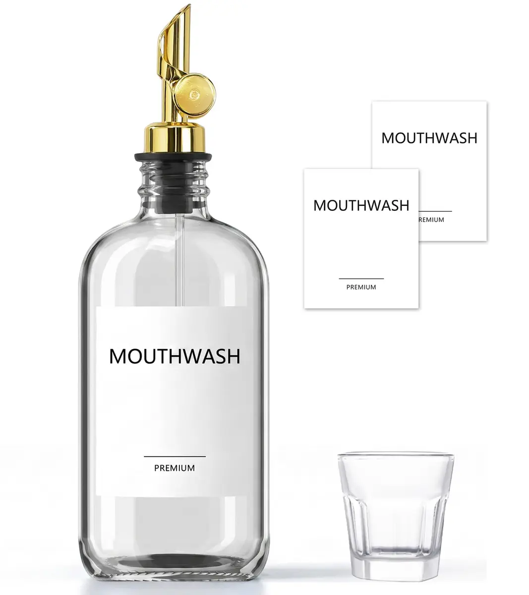 TOLDATLI Mouthwash Dispenser for Bathroom 17 fl oz | Elegant Glass Refillable Decanter with Cup - main product image