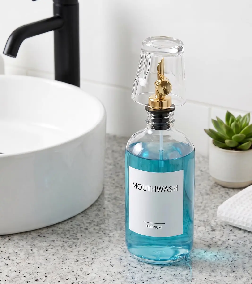 TOLDATLI Mouthwash Dispenser for Bathroom 17 fl oz | Elegant Glass Refillable Decanter with Cup - view 7