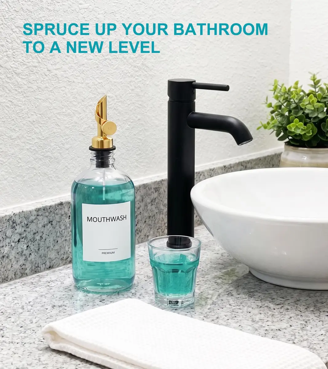 TOLDATLI Mouthwash Dispenser for Bathroom 17 fl oz | Elegant Glass Refillable Decanter with Cup - view 8