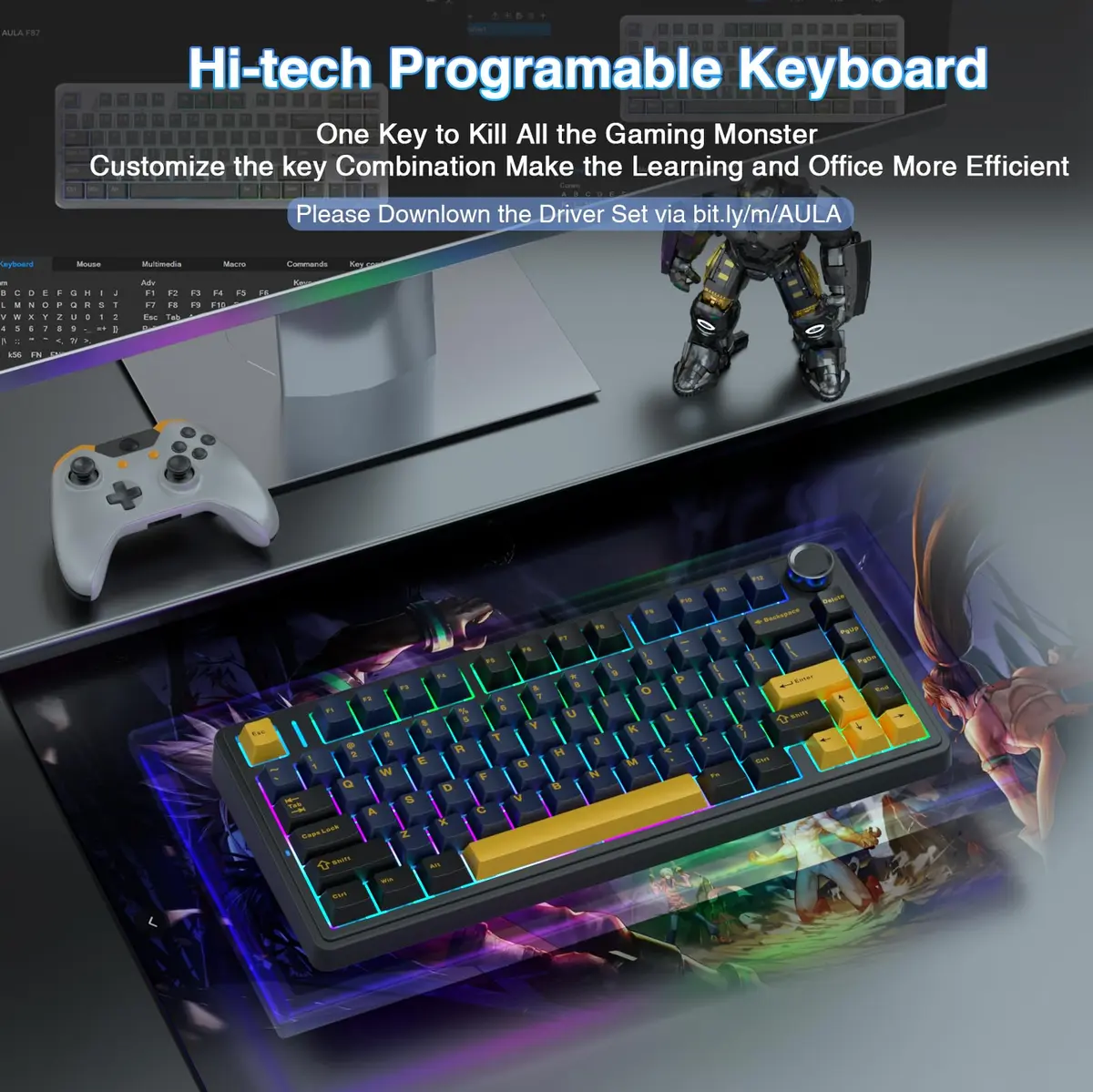 AULA F75 75% Wireless Mechanical Keyboard Hot Swappable Creamy Keyboard Cool Black | RGB Backlit Gaming Keyboard with 4000mAh Battery - view 6