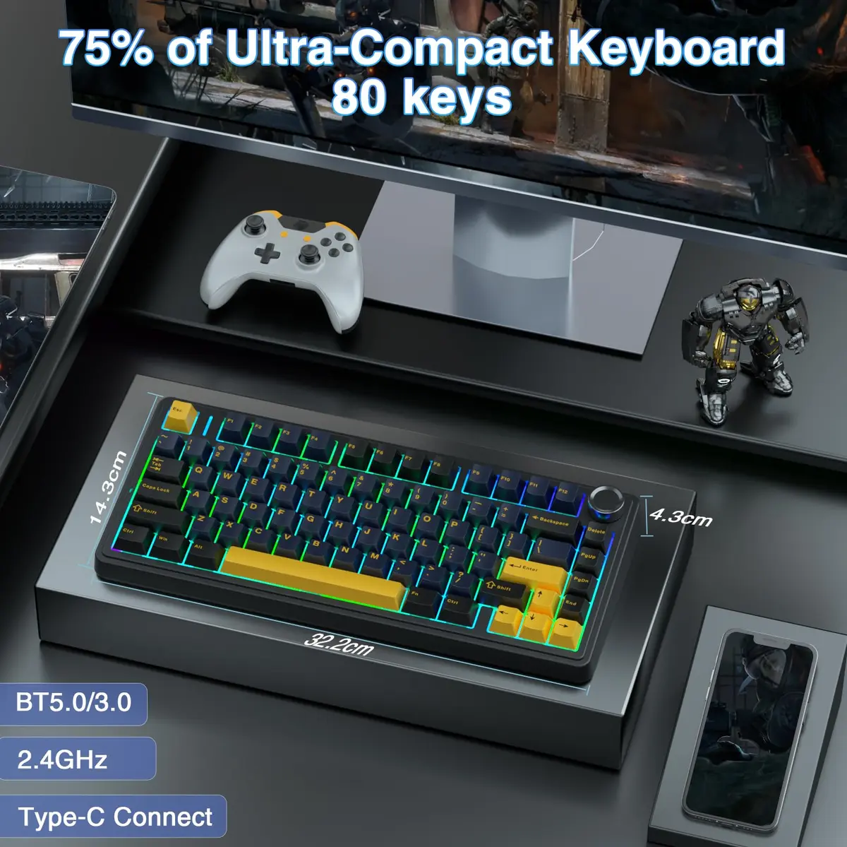 AULA F75 75% Wireless Mechanical Keyboard Hot Swappable Creamy Keyboard Cool Black | RGB Backlit Gaming Keyboard with 4000mAh Battery - view 2