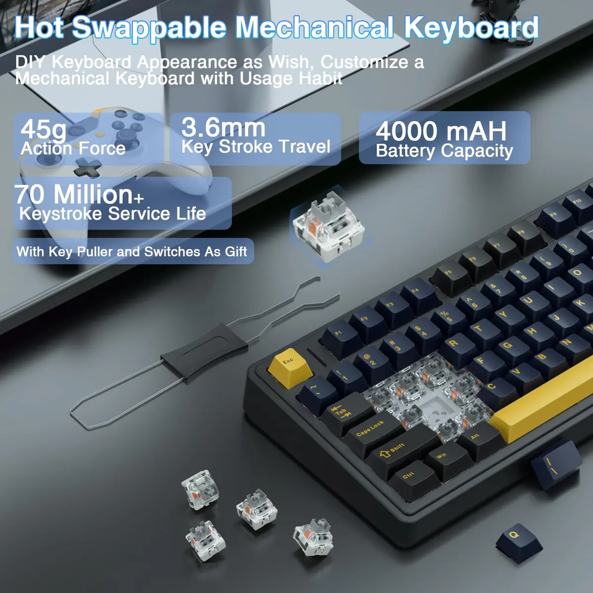AULA F75 75% Wireless Mechanical Keyboard Hot Swappable Creamy Keyboard Cool Black | RGB Backlit Gaming Keyboard with 4000mAh Battery - view 4