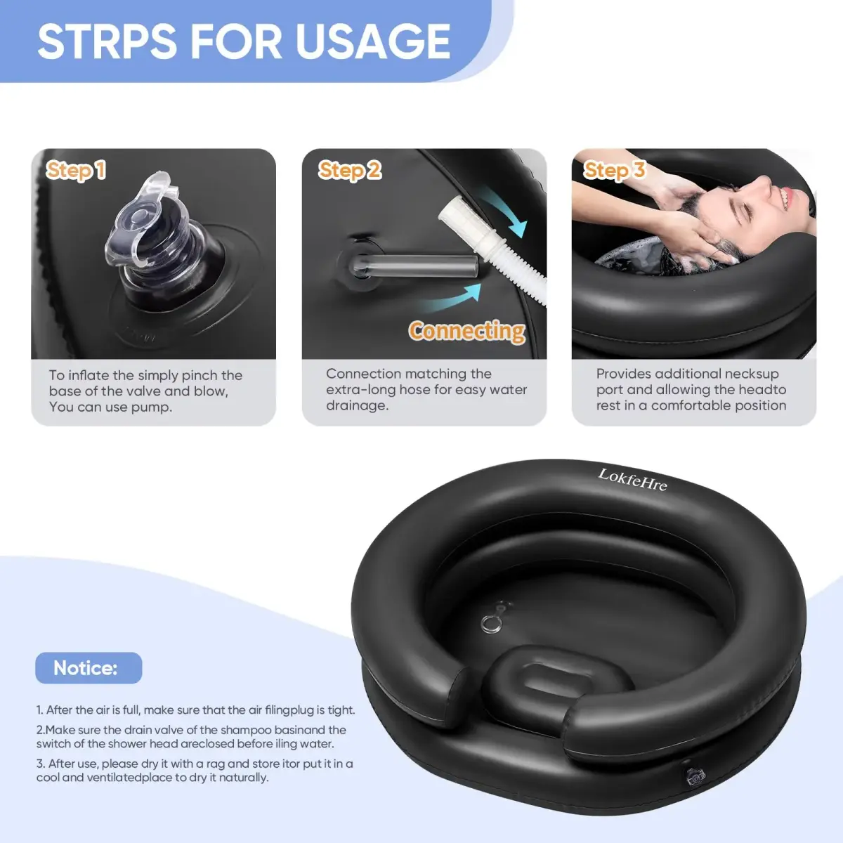LOKFEHRE Inflatable Shampoo Basin Black | 71cm x 66cm (28" x 26") Ergonomic Neck Support Hair Washing Bowl - view 4