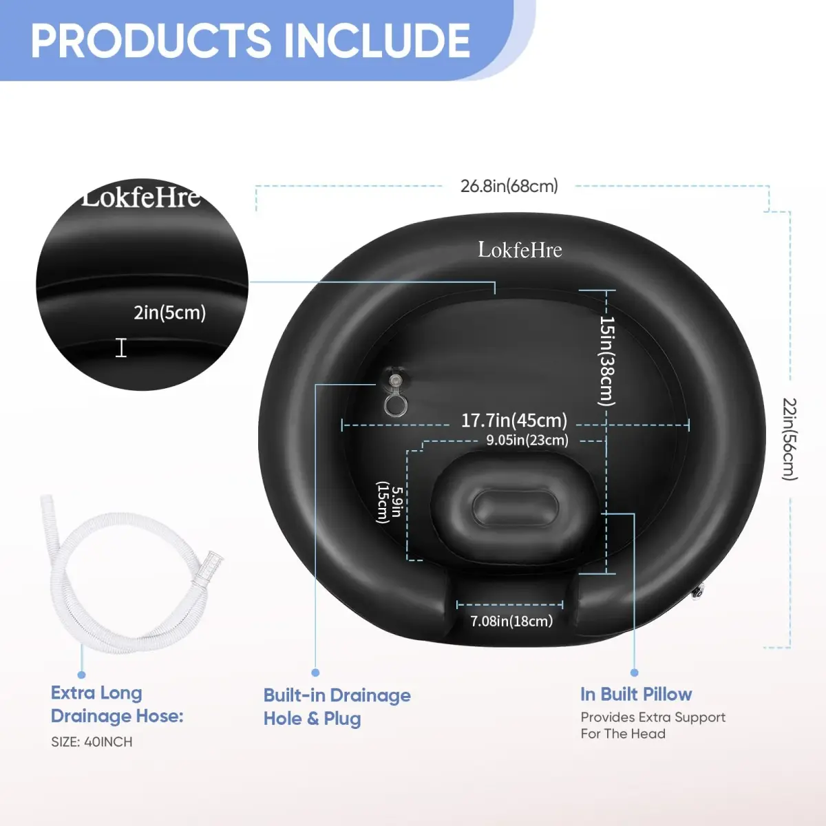LOKFEHRE Inflatable Shampoo Basin Black | 71cm x 66cm (28" x 26") Ergonomic Neck Support Hair Washing Bowl - view 3