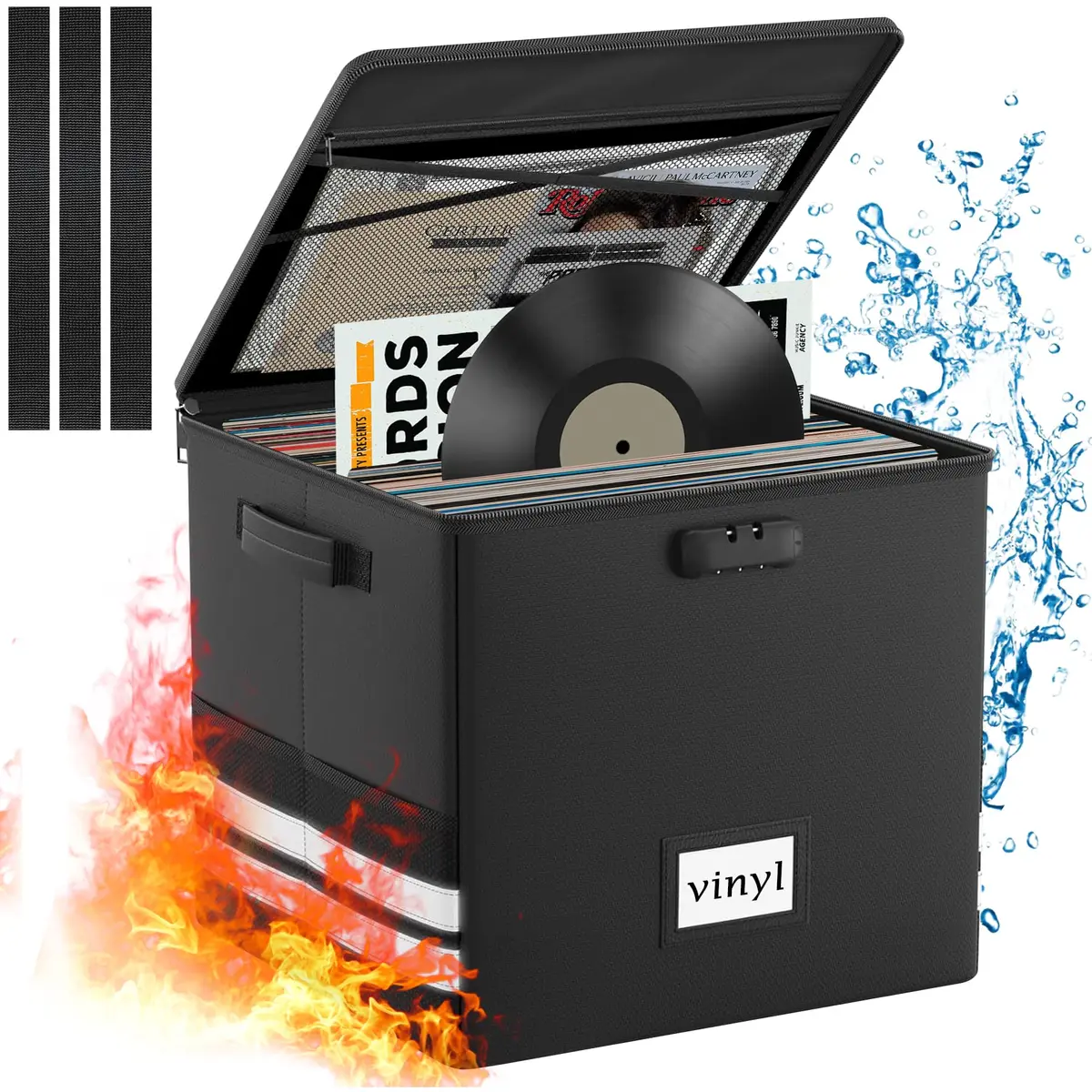 onvvippiv Large Vinyl Record Storage Box Fireproof Waterproof with Lock | 13" x 16.2" x 13" | Holds 150+ Records - main product image