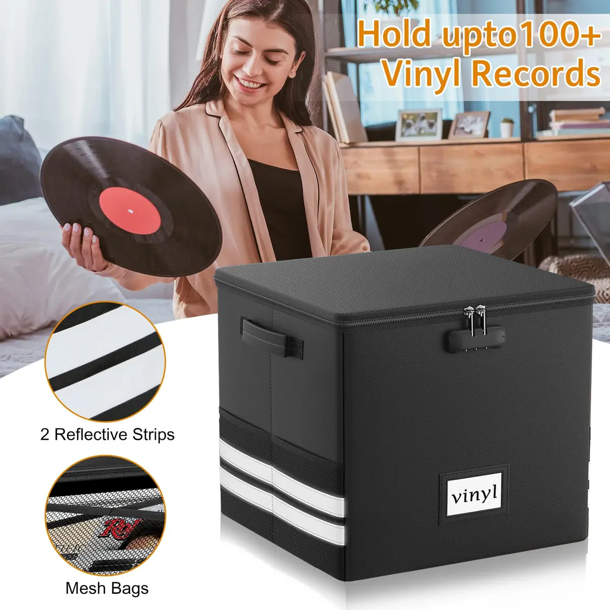 onvvippiv Large Vinyl Record Storage Box Fireproof Waterproof with Lock | 13" x 16.2" x 13" | Holds 150+ Records - view 3