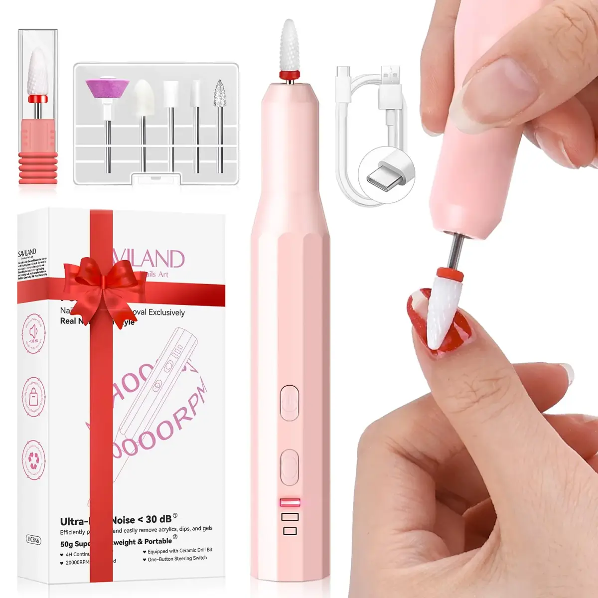 SAVILAND Cordless Nail Drill Kit Pink 20000RPM | Ultra Low Noise & Low Heat - main product image