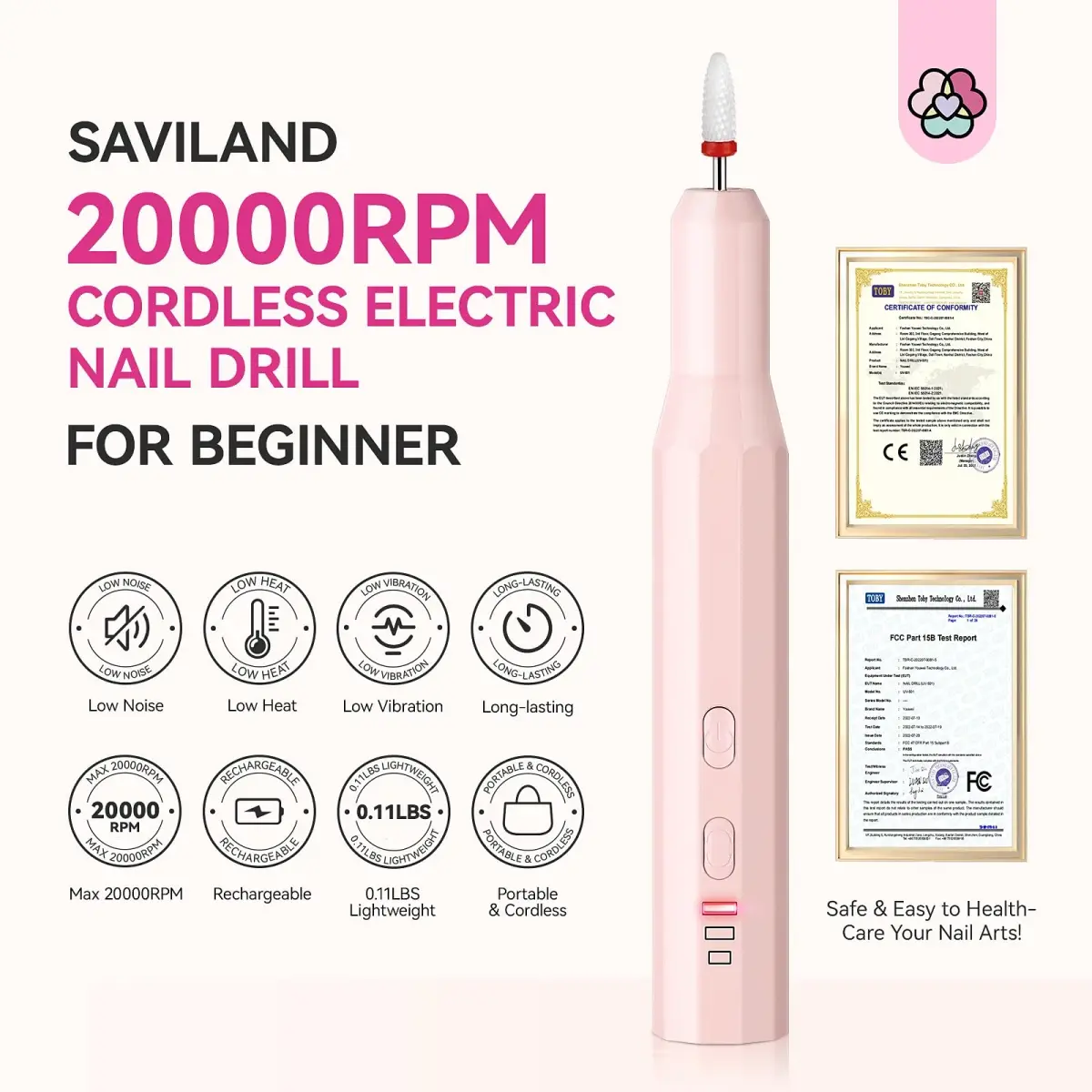 SAVILAND Cordless Nail Drill Kit Pink 20000RPM | Ultra Low Noise & Low Heat - view 3
