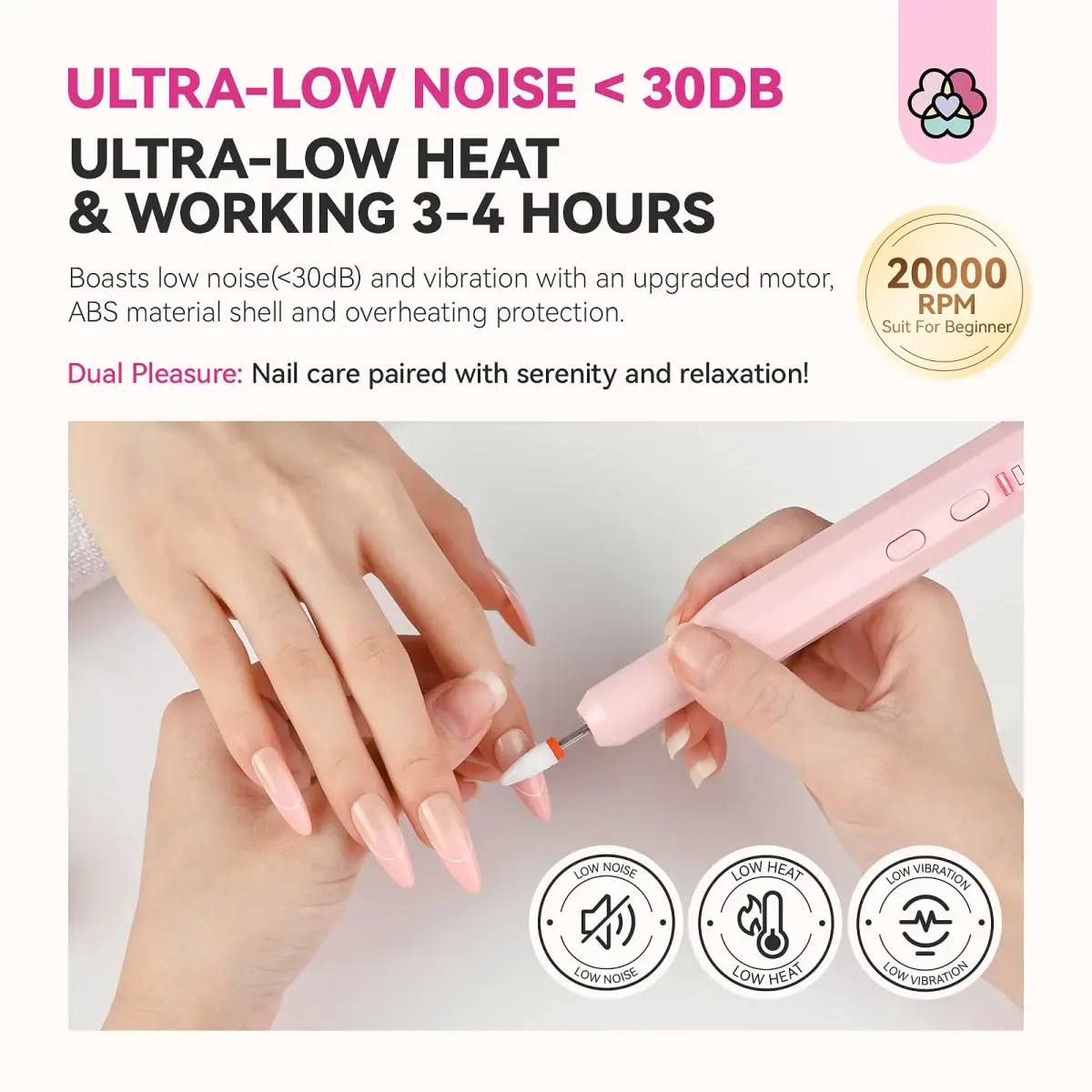 SAVILAND Cordless Nail Drill Kit Pink 20000RPM | Ultra Low Noise & Low Heat - view 4