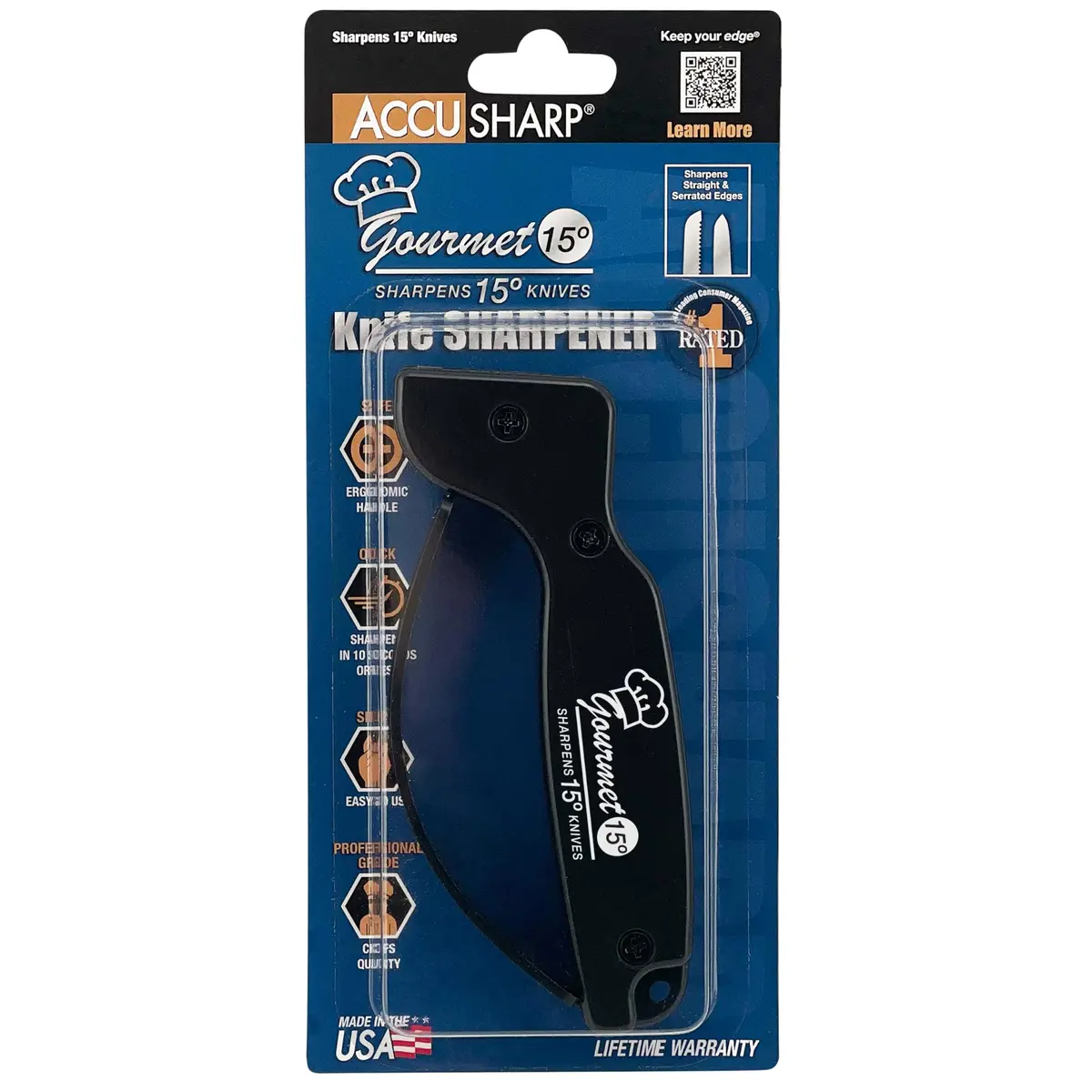 AccuSharp Gourmet Series 15 Degree Knife Sharpener with Diamond-Honed Tungsten Carbide Blades, Black | Hones Serrated & Straight-Edge Knives - view 3