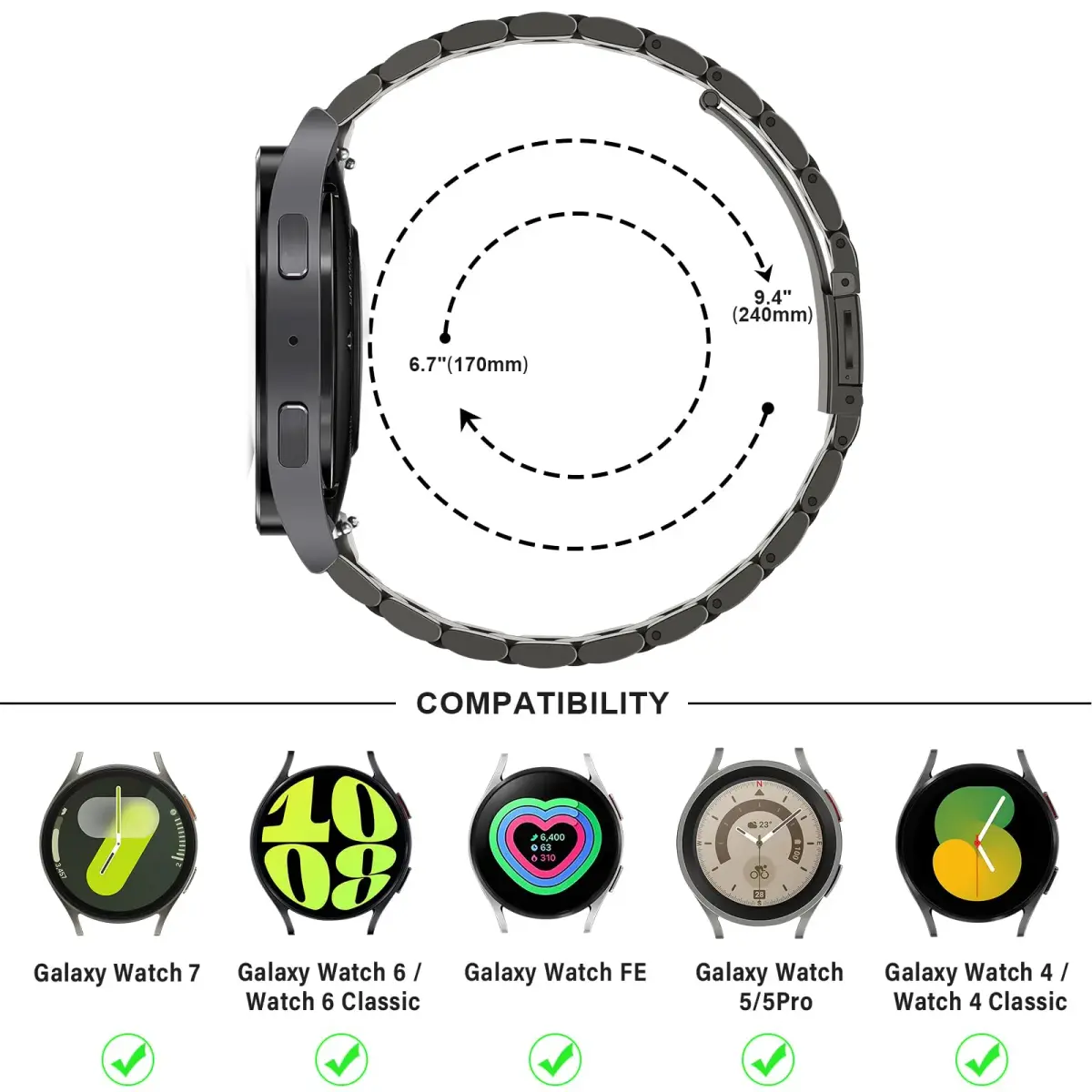 Anlinser No Gap Metal Band Compatible with Samsung Galaxy Watch 7/6/5/4/FE 40mm 44mm Graphite | Stainless Steel Strap - view 5