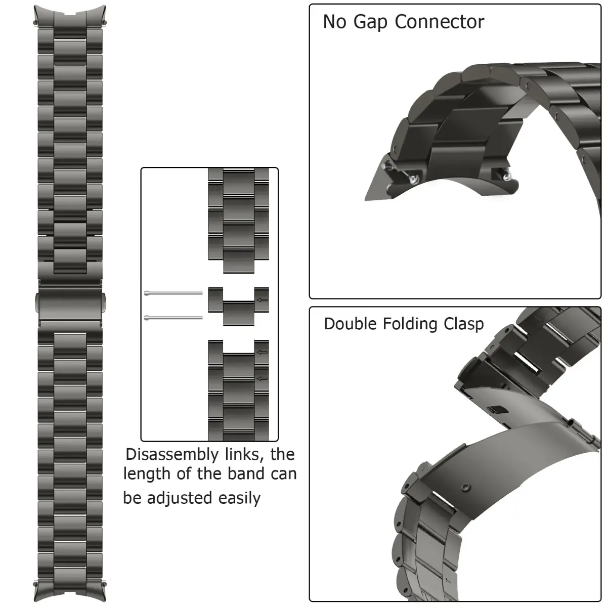 Anlinser No Gap Metal Band Compatible with Samsung Galaxy Watch 7/6/5/4/FE 40mm 44mm Graphite | Stainless Steel Strap - view 3