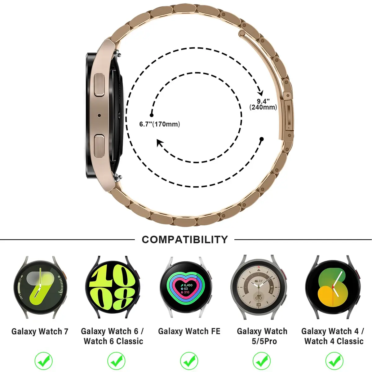 Anlinser No Gap Metal Watch Band Compatible with Samsung Galaxy Watch 7/6/5/4/FE 40mm 44mm | Rose Gold Stainless Steel Strap - view 5