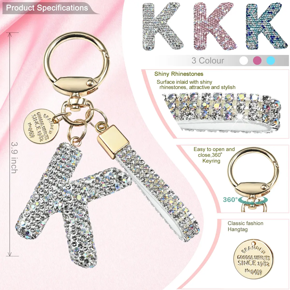 JINGUAZI Bling Initial Letter Keychain Bag Charms for Women (K-white) | Sparkling Diamond Accessory - view 2
