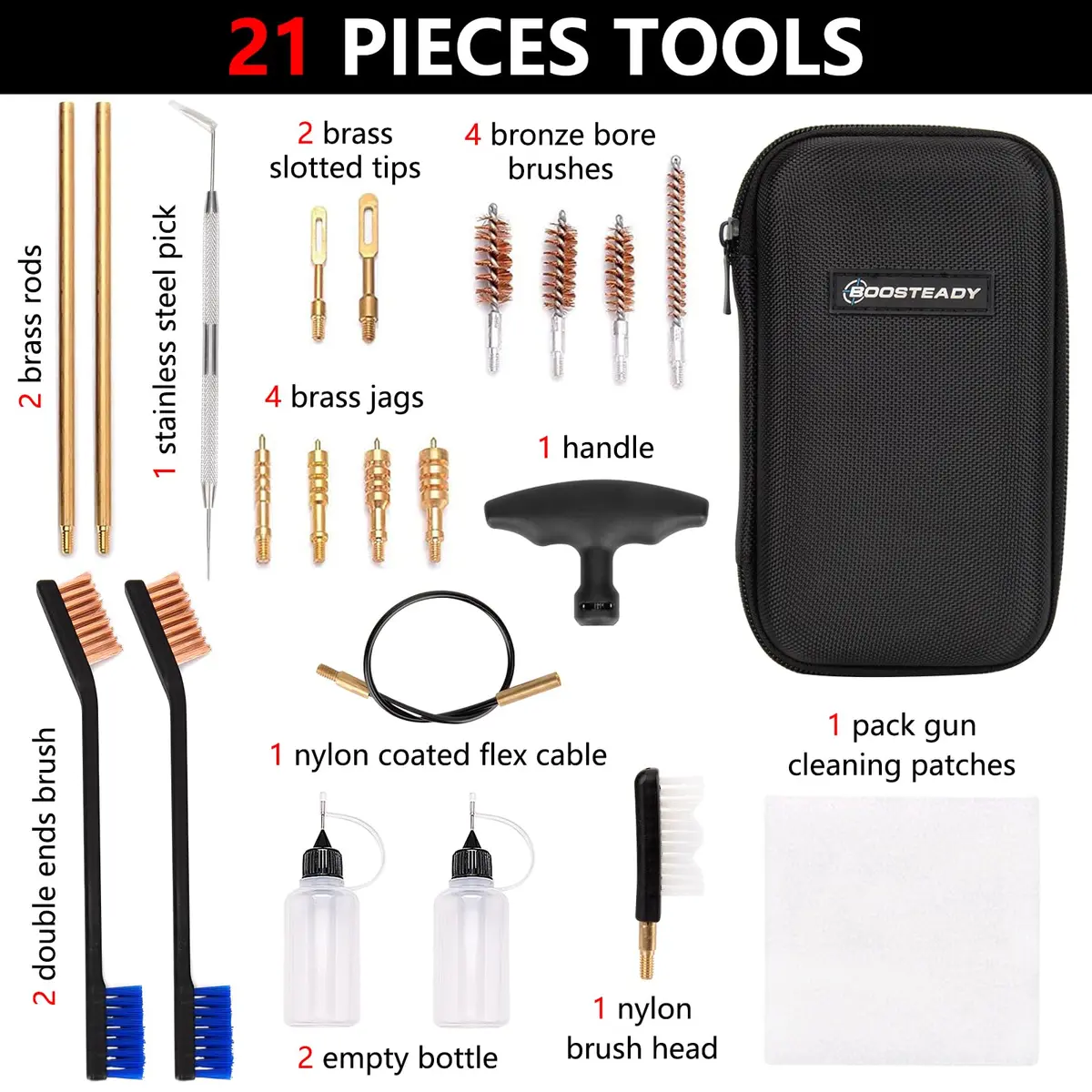 BOOSTEADY Universal Handgun Cleaning Kit .22-.45 Caliber | 16-Piece Brass & Steel Tool Set - view 2