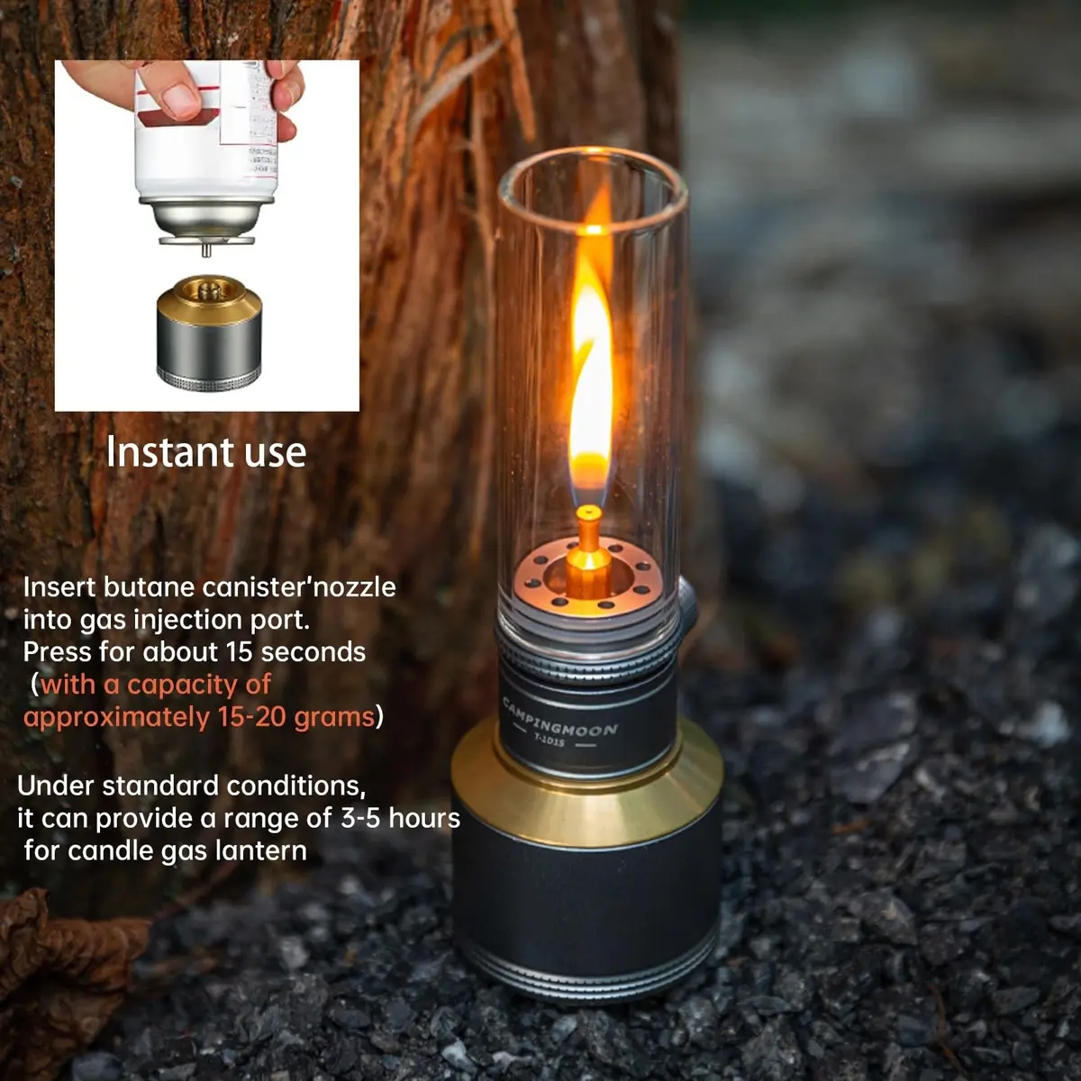 Campingmoon Gas Candle Lantern 15g | Real Flame, Refillable Tank, Wooden Case - view 6