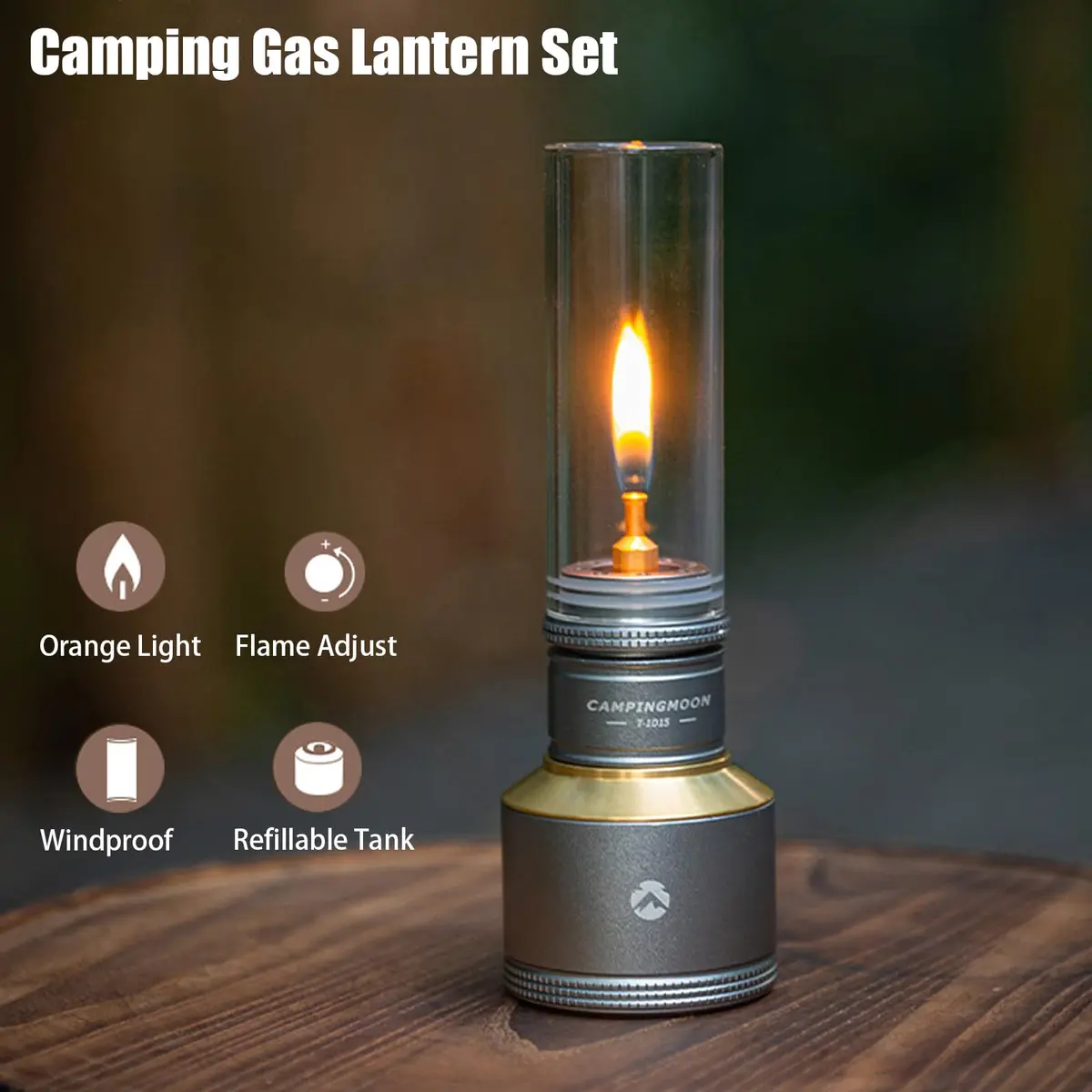 Campingmoon Gas Candle Lantern 15g | Real Flame, Refillable Tank, Wooden Case - view 2
