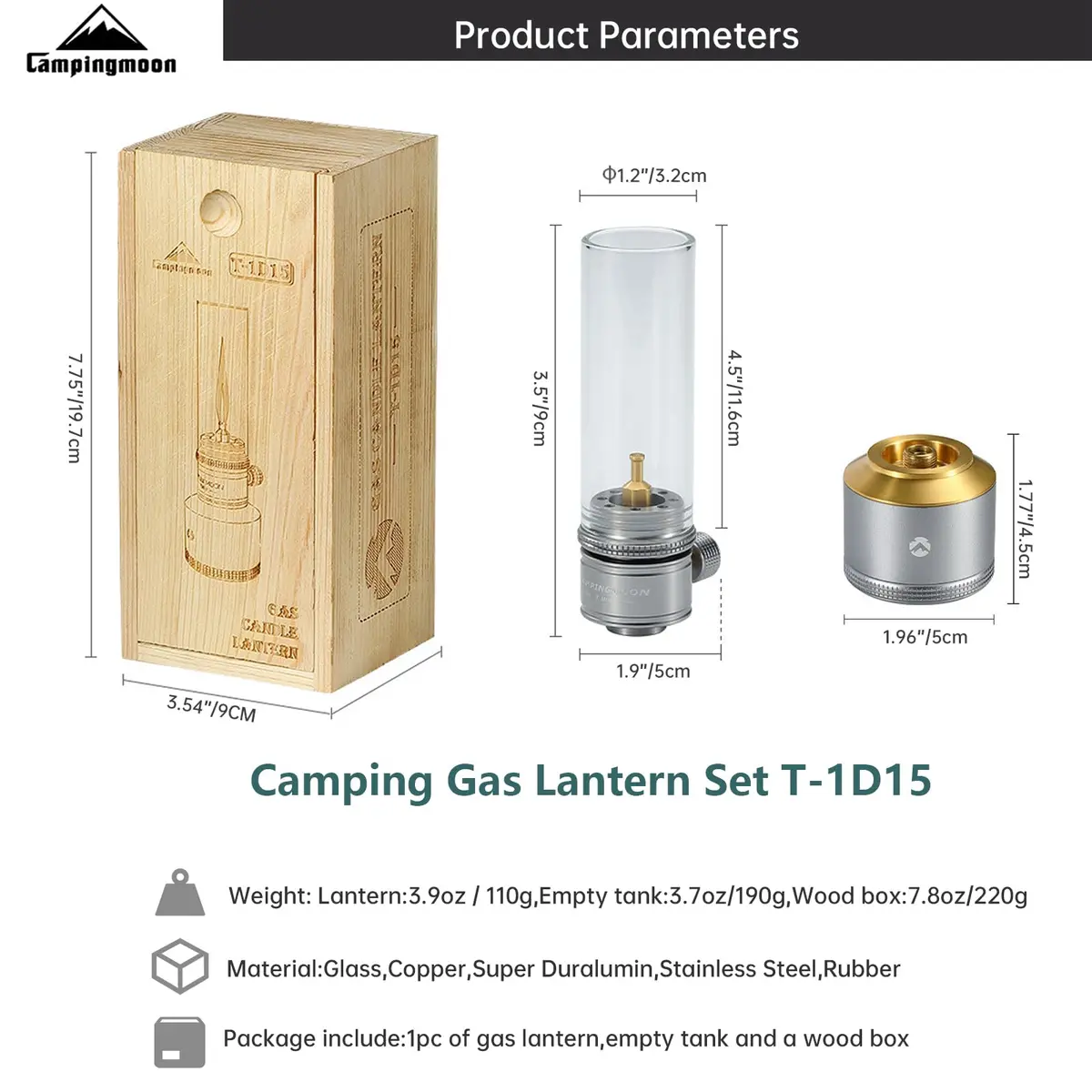 Campingmoon Gas Candle Lantern 15g | Real Flame, Refillable Tank, Wooden Case - view 3