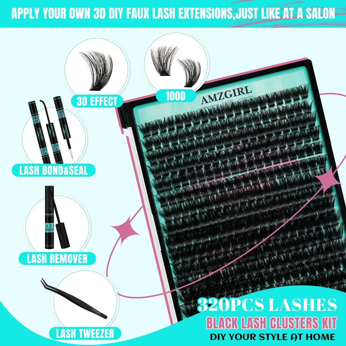 AMZGIRL Fluffy Lash Clusters Kit, D Curl Lash Clusters | 320 Pcs, 10-16mm, Reusable, Easy DIY - view 2