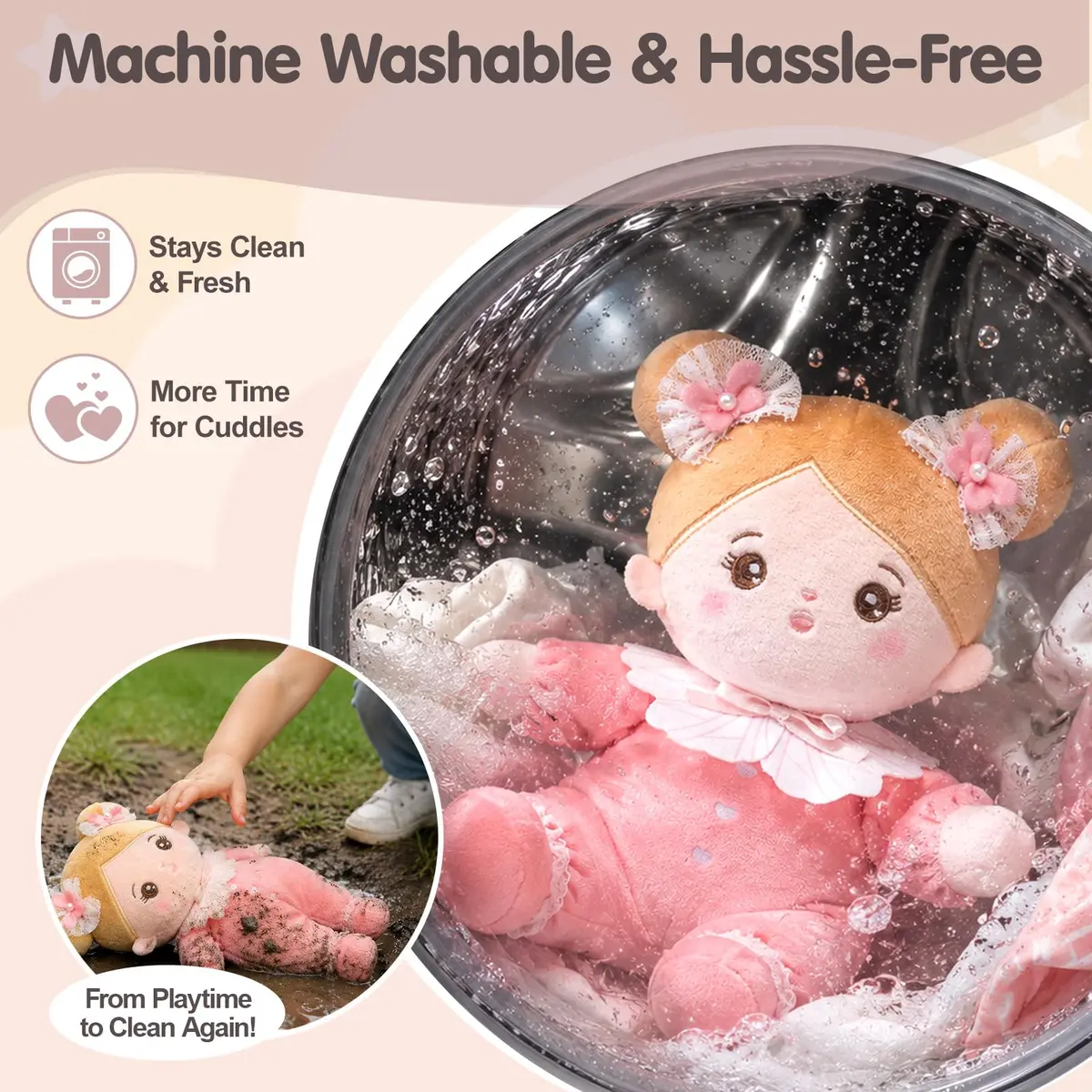 OUOZZZ Soft Plush Baby Doll 10" (25.4 cm) Snuggle Buddy Pink Bow | CPC Certified & CPSIA Tested - view 8