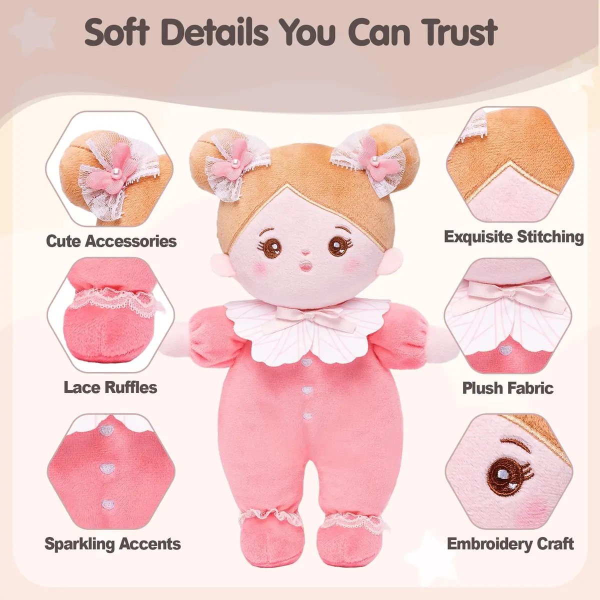 OUOZZZ Soft Plush Baby Doll 10" (25.4 cm) Snuggle Buddy Pink Bow | CPC Certified & CPSIA Tested - view 2