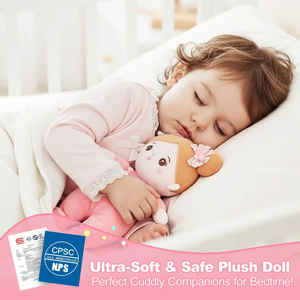 OUOZZZ Soft Plush Baby Doll 10" (25.4 cm) Snuggle Buddy Pink Bow | CPC Certified & CPSIA Tested - view 3