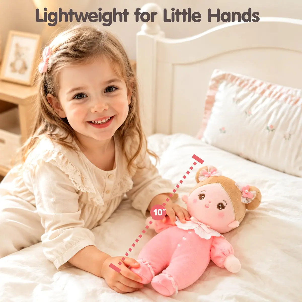 OUOZZZ Soft Plush Baby Doll 10" (25.4 cm) Snuggle Buddy Pink Bow | CPC Certified & CPSIA Tested - view 4