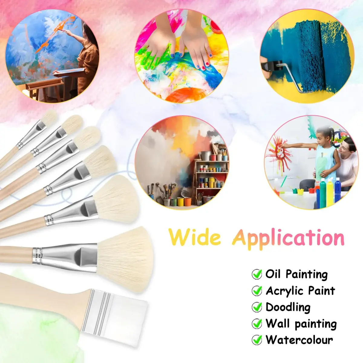 Jeffdad 7Pcs Mop Brush Set for Acrylic Painting | Goat Hair Blending Brushes for Watercolor, Oil, Wall Art - view 4