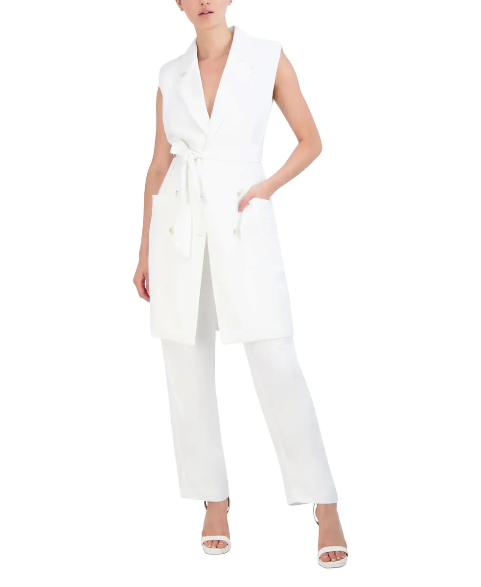 BCBG New York Women's Sleeveless V Neck Mini Day Dress with Detachable Sash, Marshmallow | Flattering Crepe Silhouette - view 4