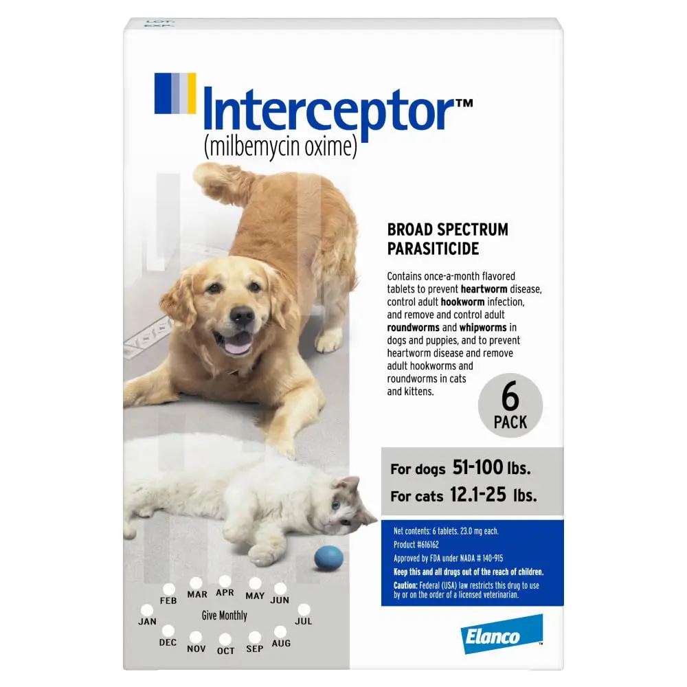 Interceptor for Dogs and Cats 51-100 lbs / 12.1-25 lbs | Monthly Heartworm & Worm Prevention - main product image