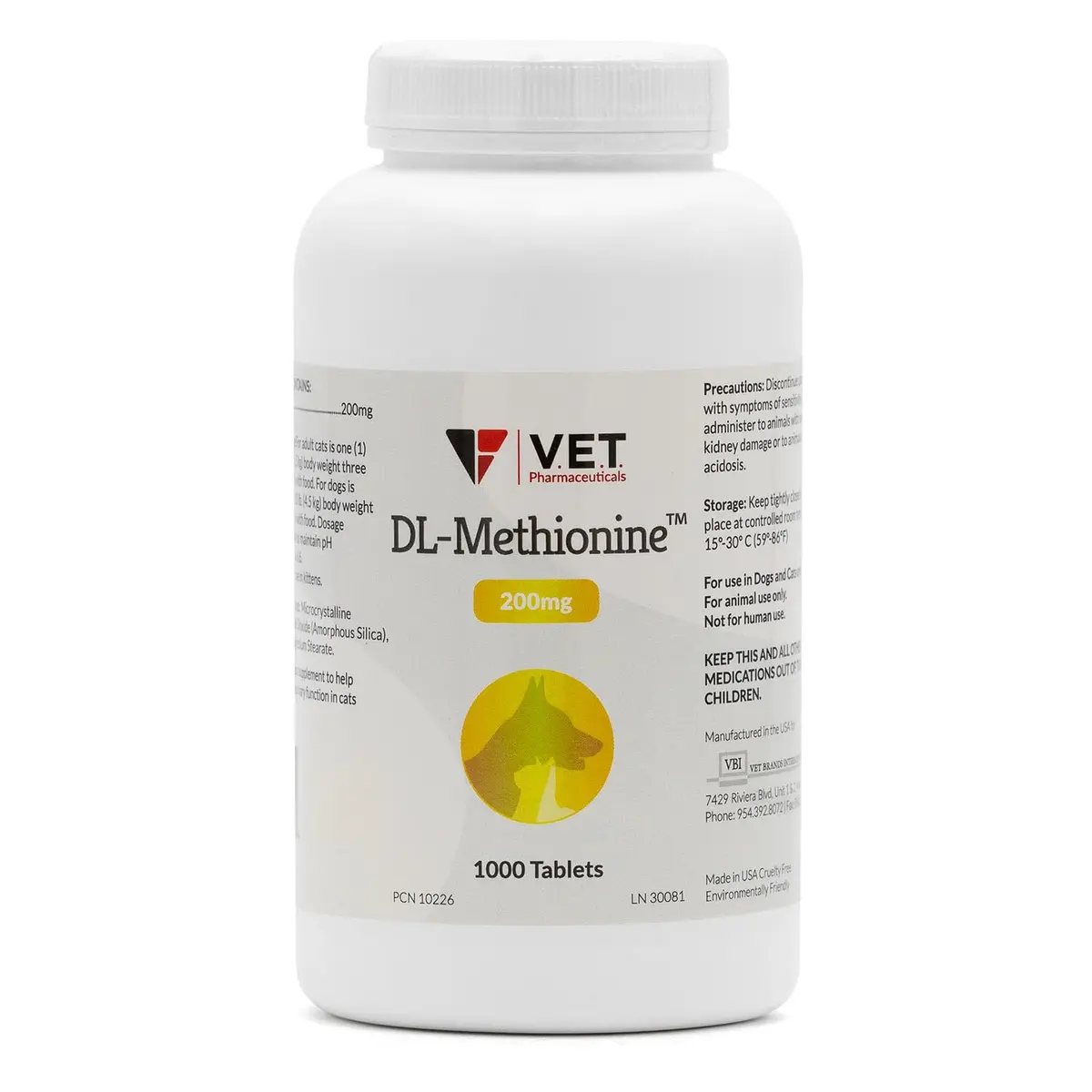 V.E.T. PHARMACEUTICALS DL Methionine Tablets 200mg | Urinary pH Support for Dogs & Cats - main product image
