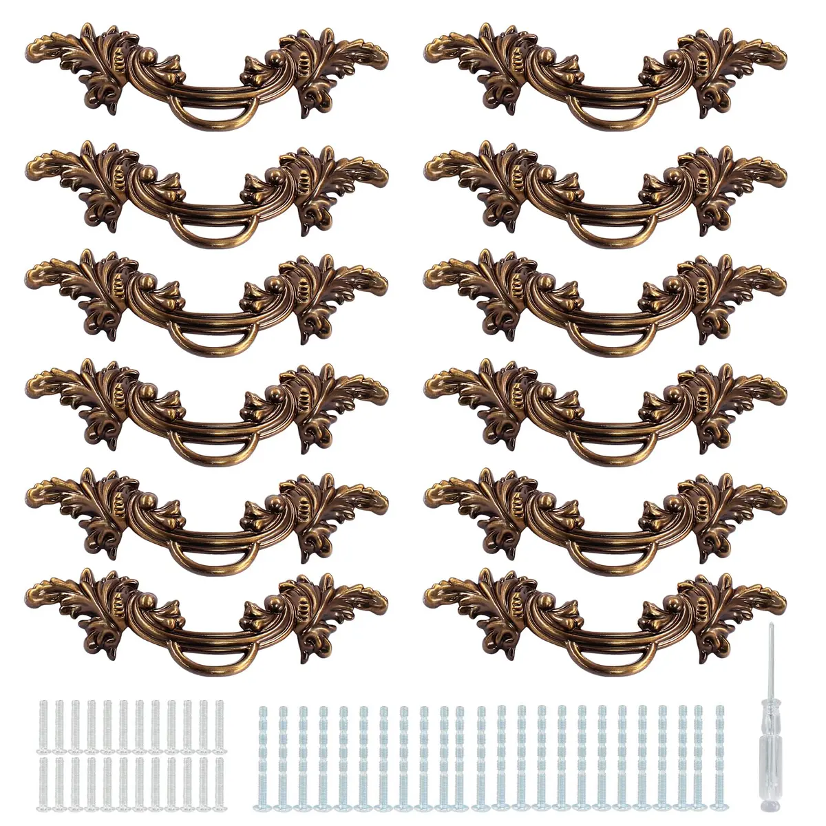Biaungdo Vintage Cabinet Pulls Handles, 12 Pcs, Bronze | Retro Zinc Alloy Drawer Pulls with 64mm (2.5in) Screw Hole Distance - view 5
